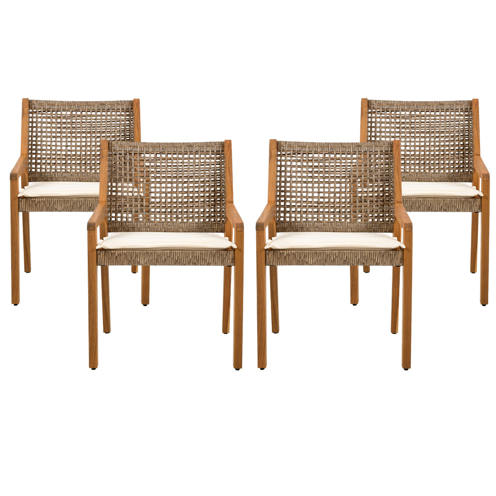 Outdoor Dining Set – Premium Acacia Wood Stamford Table & Wicker Chairs with Cream Cushion for Comfortable Dining Experience,Suitable for large gatherings(1 Table + 4 Chairs)