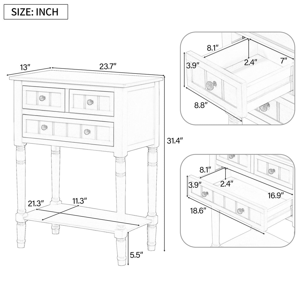 TREXM Narrow Console Table, Slim Sofa Table with Three Storage Drawers and Bottom Shelf (Natural)