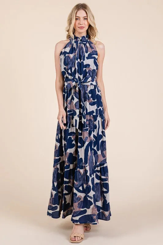 Lime 'N' Chili Abstract Halter Neck Tie-Waist Tiered Maxi Dress