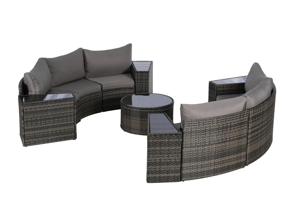 Outdoor Patio Furniture 11-Piece Half-Moon Sectional Round Patio Furniture Set Sofa with Tempered Glass Round Coffee Table