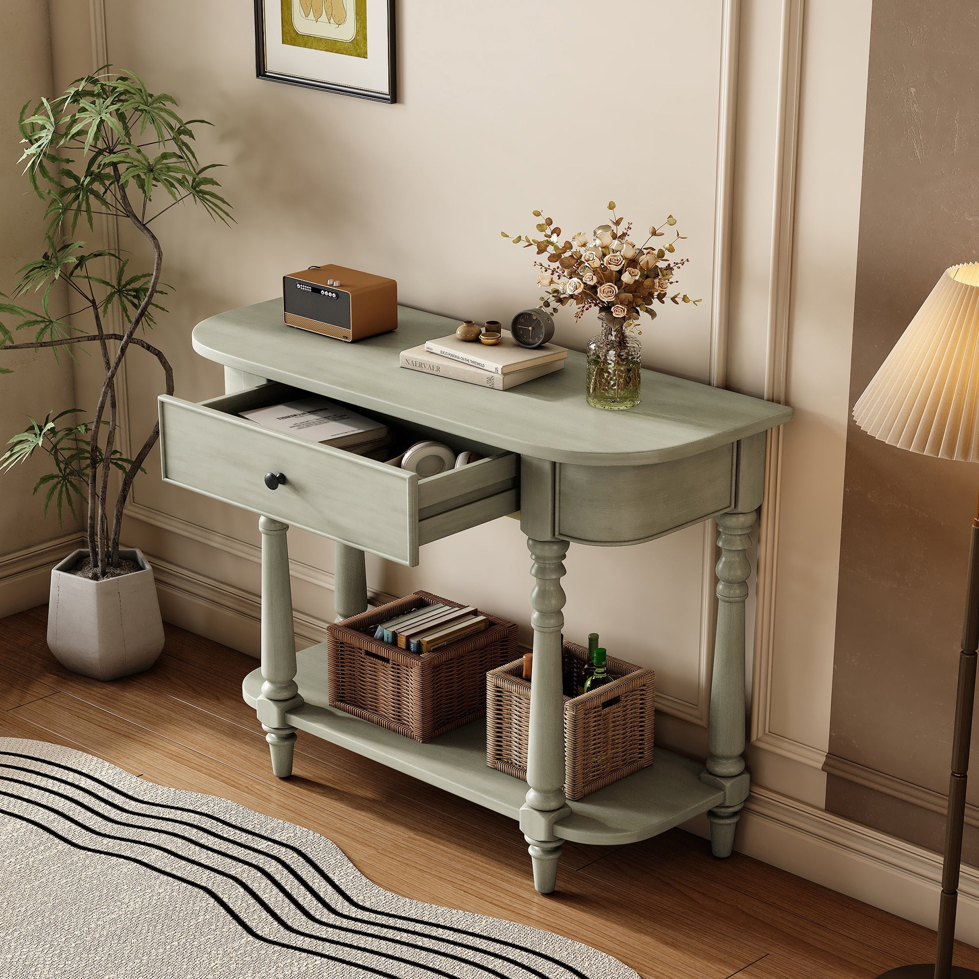 TREXM Narrow Console Table with Curved Corner, Retro Entryway Table with Top Drawer and Open Shelf, Sofa Table Console Tables for Entryway, Hallway and Living Room (Gray)