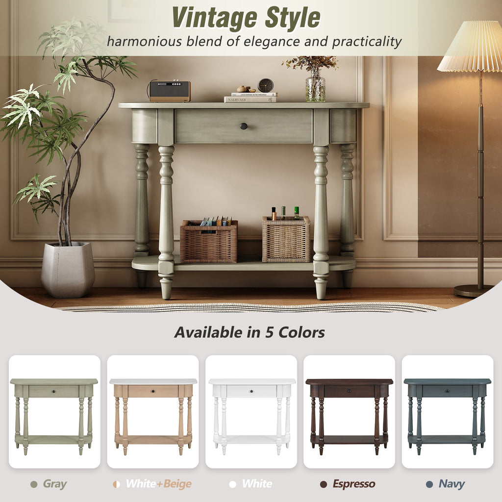 TREXM Narrow Console Table with Curved Corner, Retro Entryway Table with Top Drawer and Open Shelf, Sofa Table Console Tables for Entryway, Hallway and Living Room (Gray)