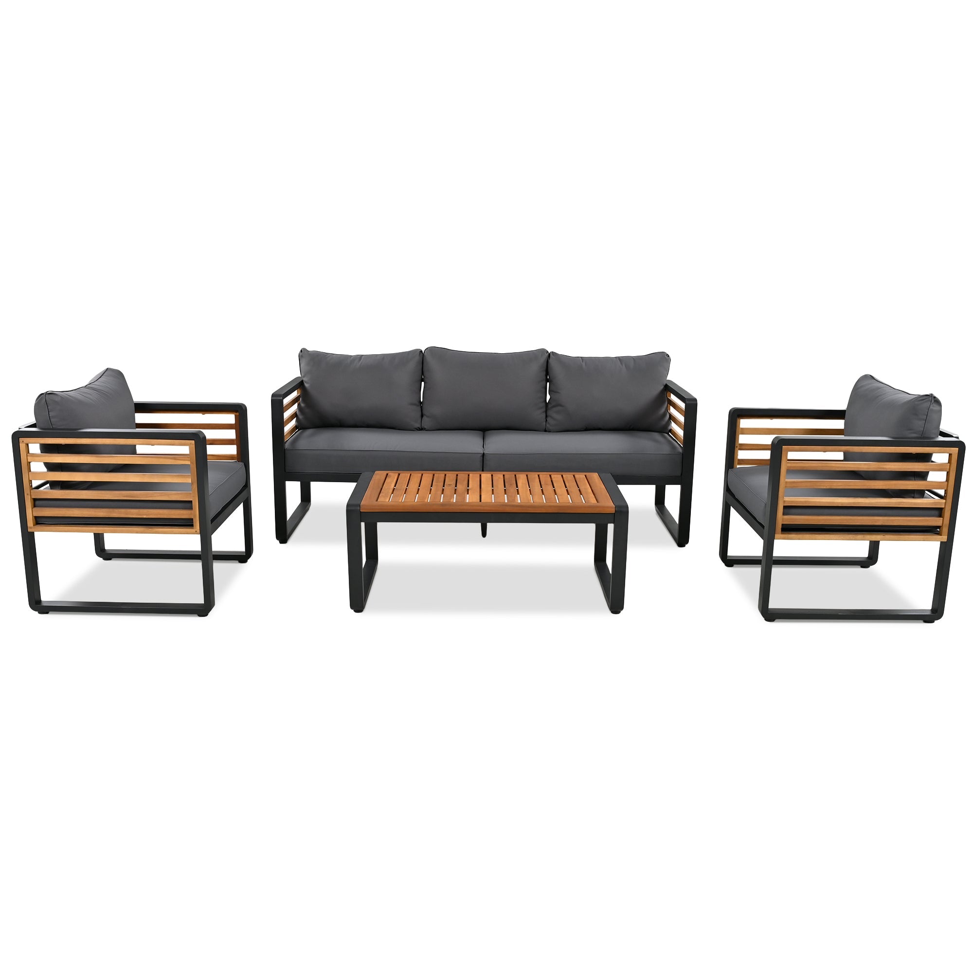 GO Large Size 4-pieces Outdoor Furniture sofa for 5 Person Conversation Set, Garden Sofa Set With Removable Cushion, Metal And Wood Frame Sofa set, Thick Cushions, Acacia Wood Tabletop, Gray