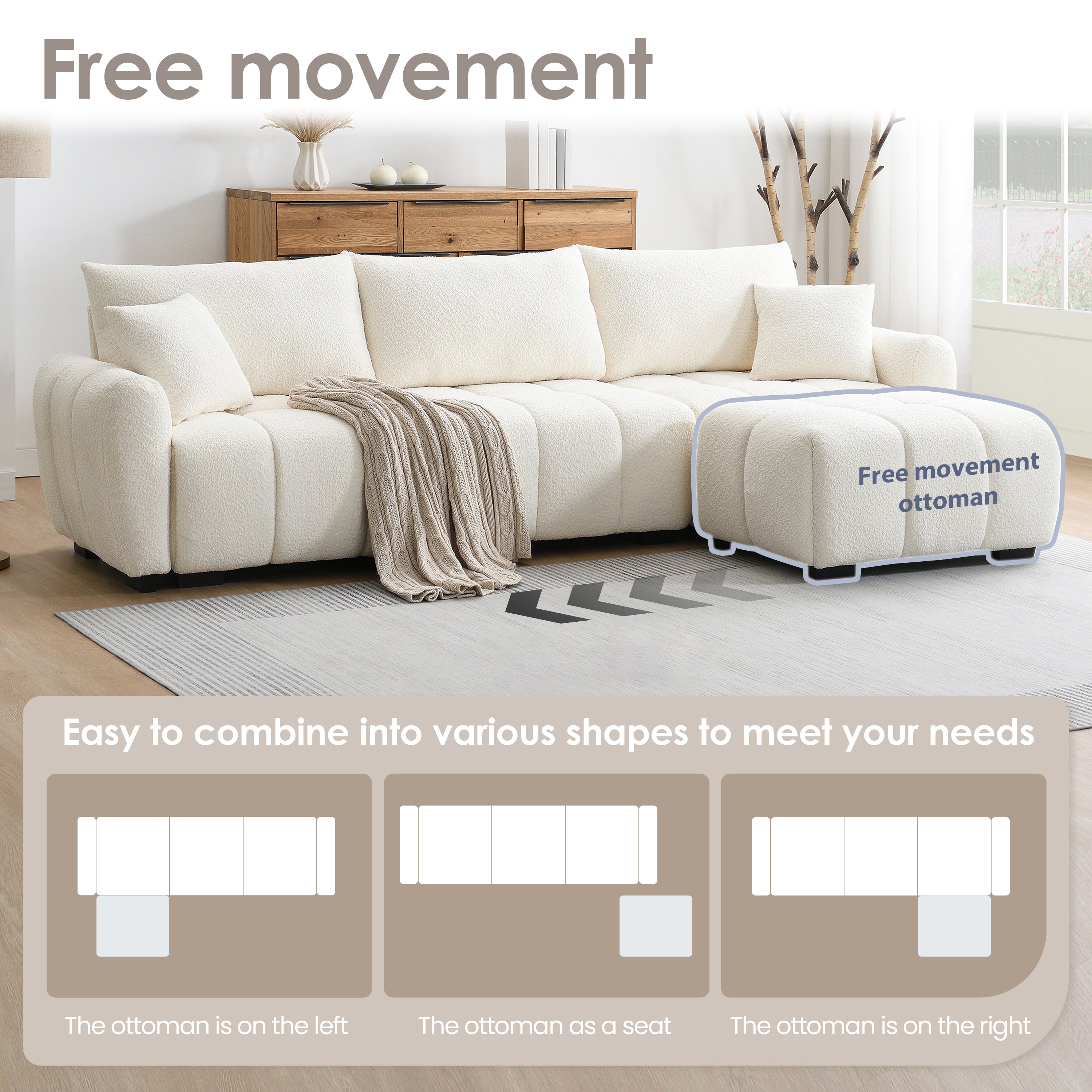 110' Modular Sectional Sofa, L Shape with Extra-large Seat, Pull-line Design, Movable Ottoman, High Density Foam, Free Combination, Sturdy Metal&Wood Frame, Boucle Fabric, 3 Colors