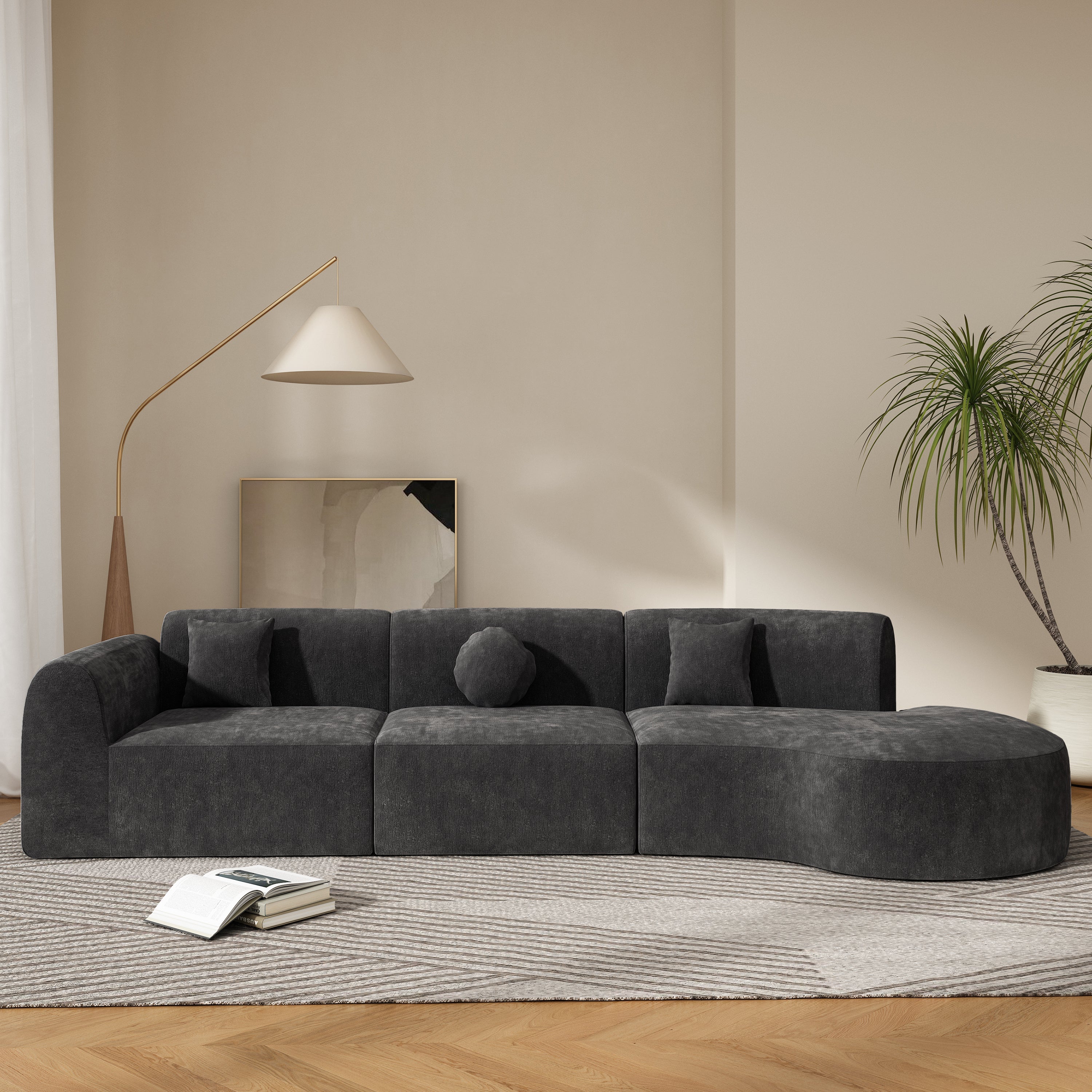 140' Modern Curved Sectional Sofa with High-Density Fully Compressed Sponge and Chaise Lounge, 3-Piece Set, Fully Assembled Right Hand Facing, Perfect for Living Room, Lounge