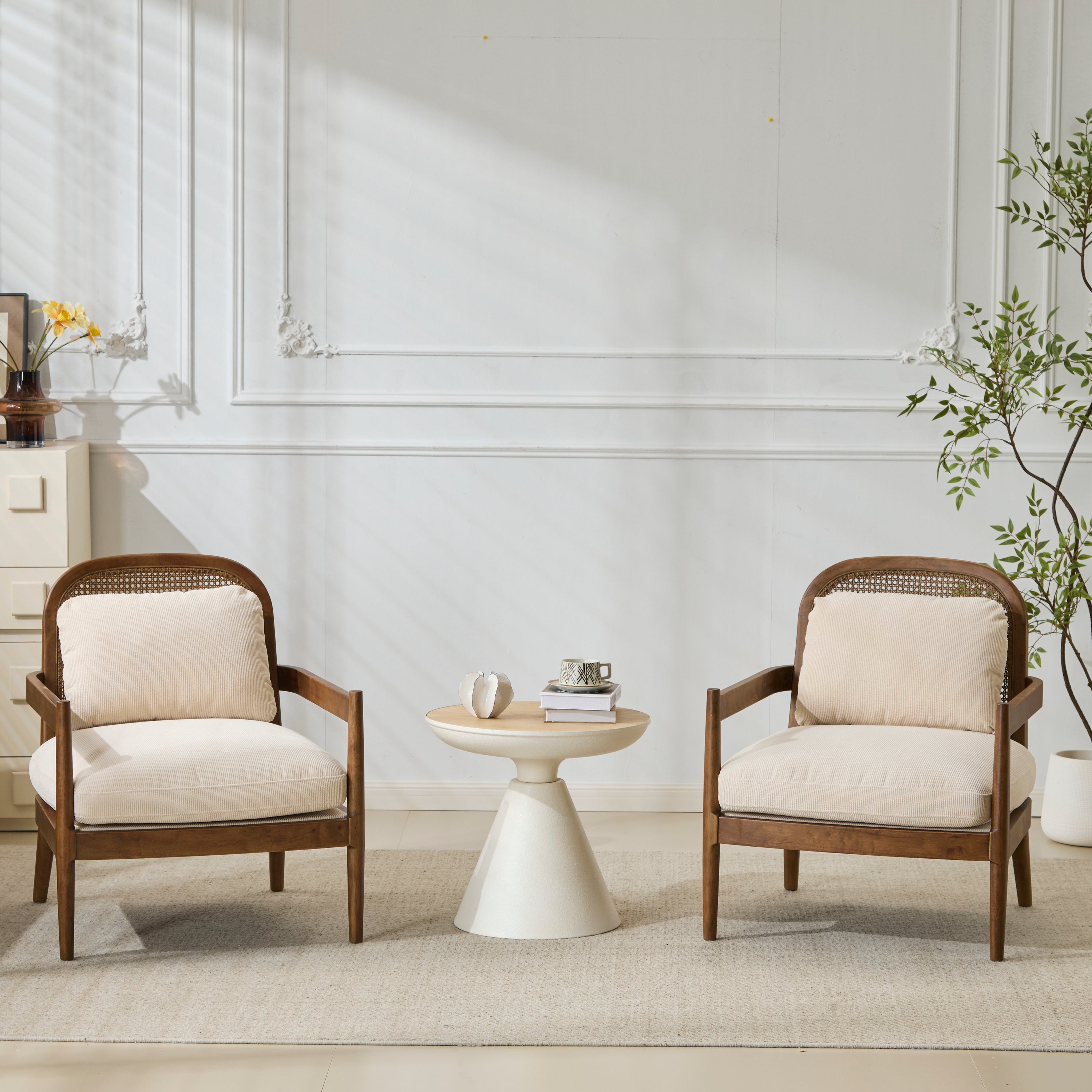[Set of 2] 26.6' Mid-Century Modern Accent Chair with Light Brown Finish Solid Wood Frame and Rattan Backrest, Beige Cushion with Striped Fabric, Comfy Armchairs for Living Room, Bedroom, Reading Nook