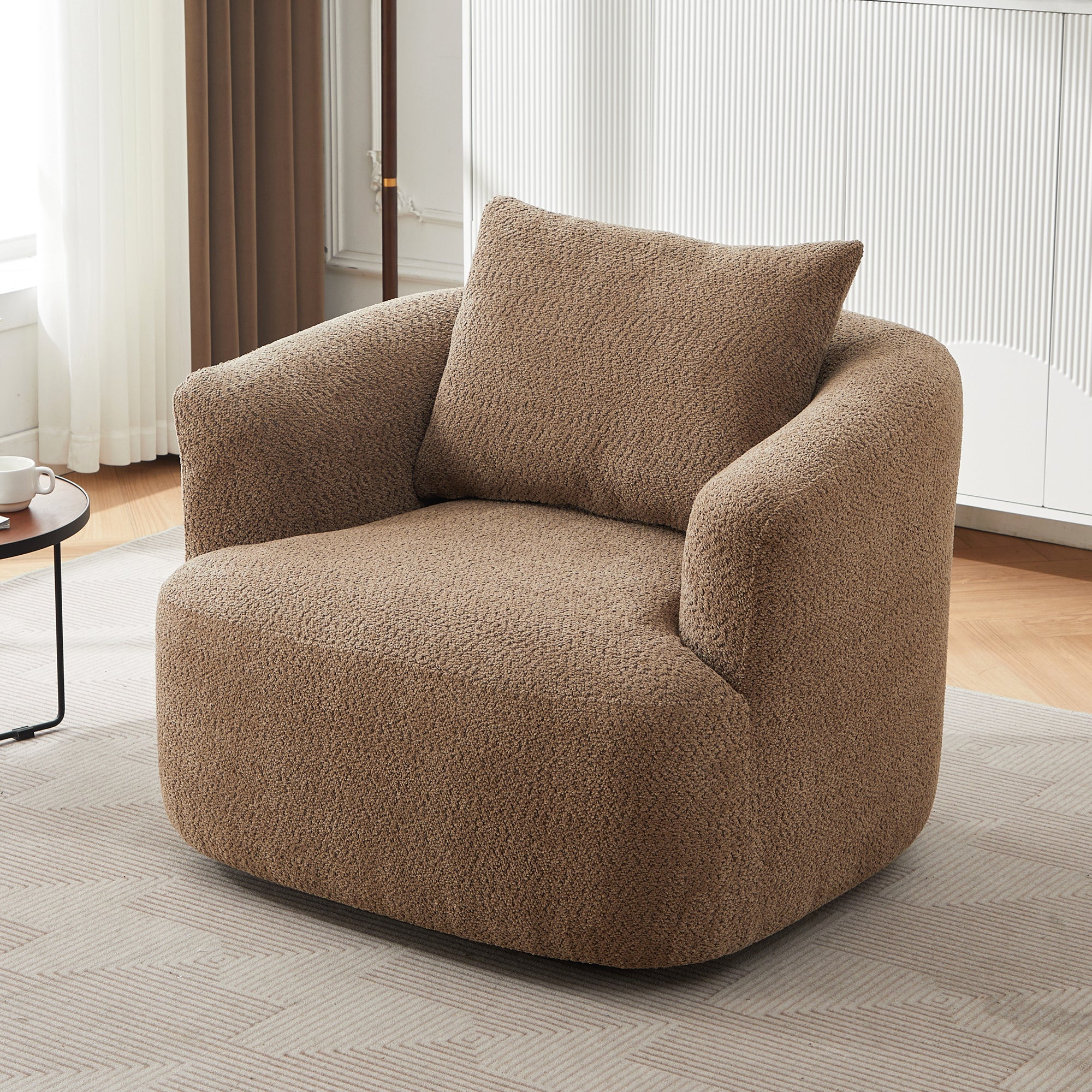 Chenille Upholstered 360° Swivel Chair with Throw Pillow, Dark Brown, 38.2' Accent Chair Sofa for Living Room and Office