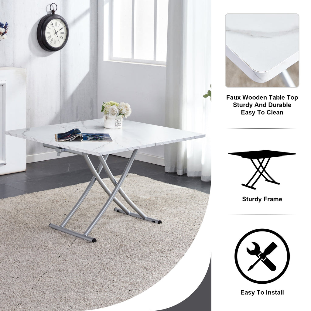 Modern minimalist multifunctional lift table with 0.8 inch MDF desktop and silver metal legs, can be used as a dressing table, coffee table, dining table, and office table