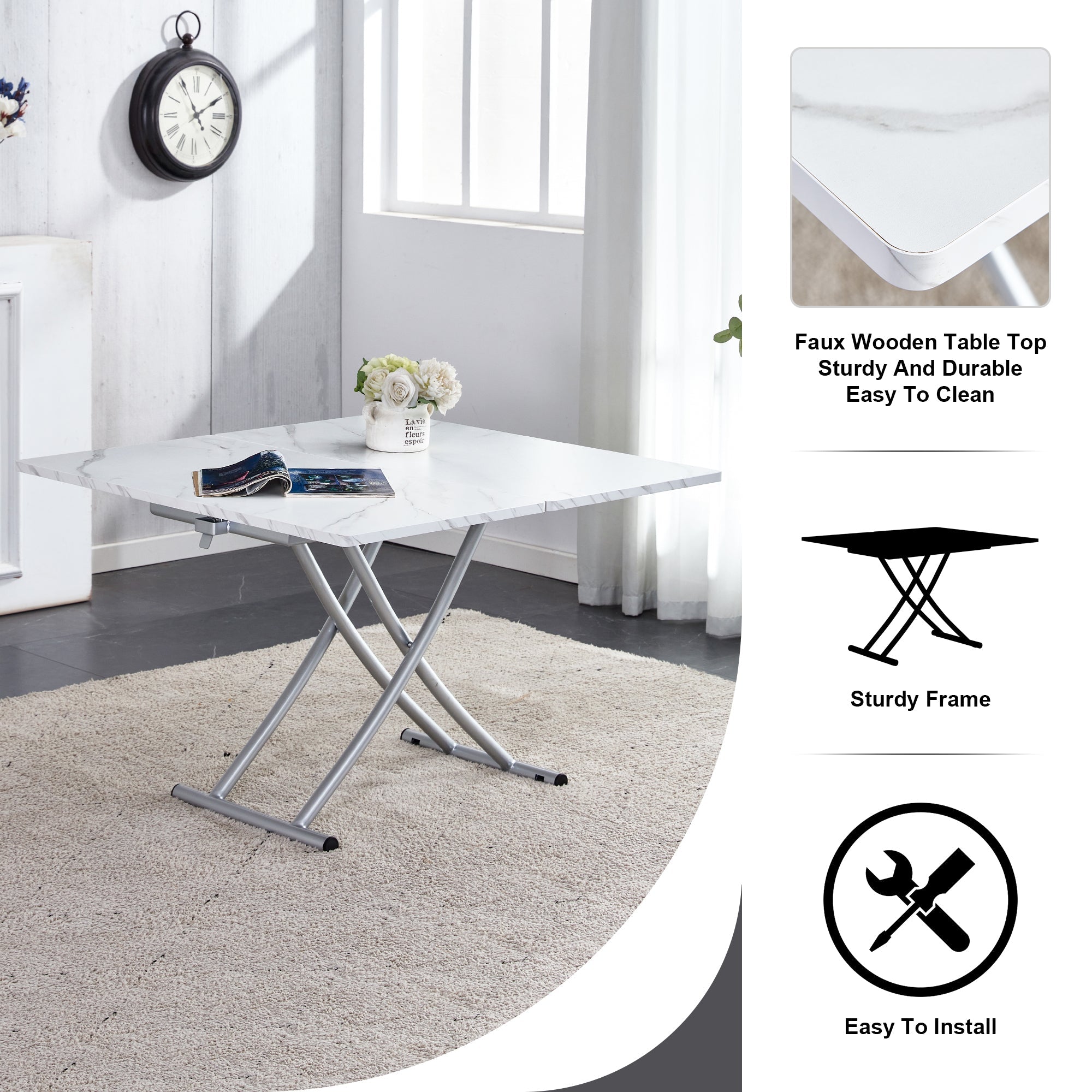 Modern minimalist multifunctional lift table with 0.8 inch MDF desktop and silver metal legs, can be used as a dressing table, coffee table, dining table, and office table