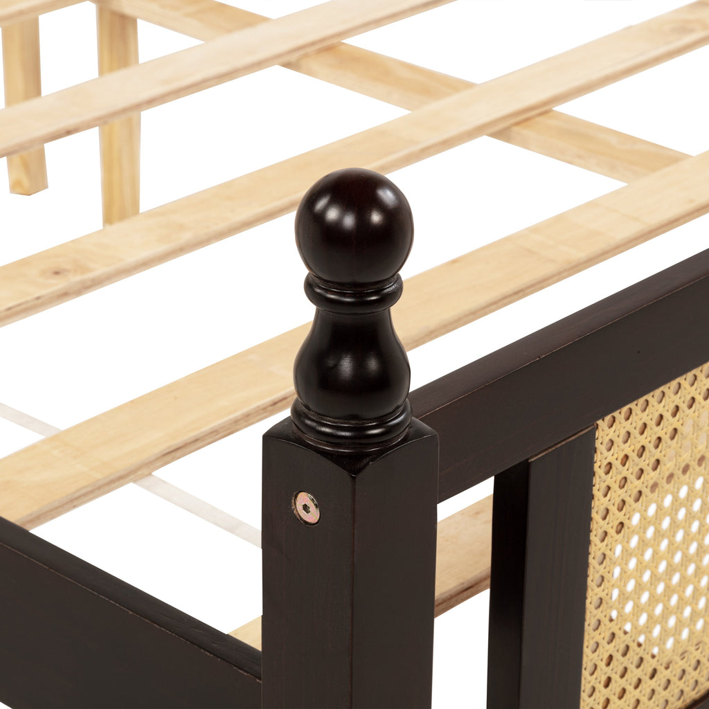Queen Pine wooden Bed with Rattan Headboard  and Footboard, with  Central Enhanced Bed Platform ,Espresso