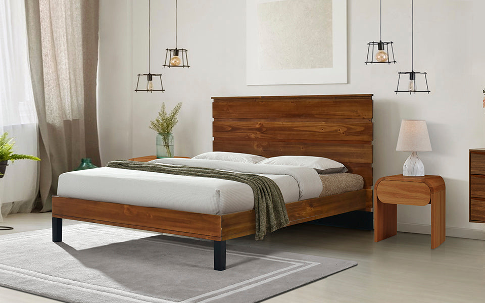 Mid-Century Modern Solid Wood Bed Frame Full Size Platform Bed with Six-Piece Headboard Design, No Box Spring Needed, Brown