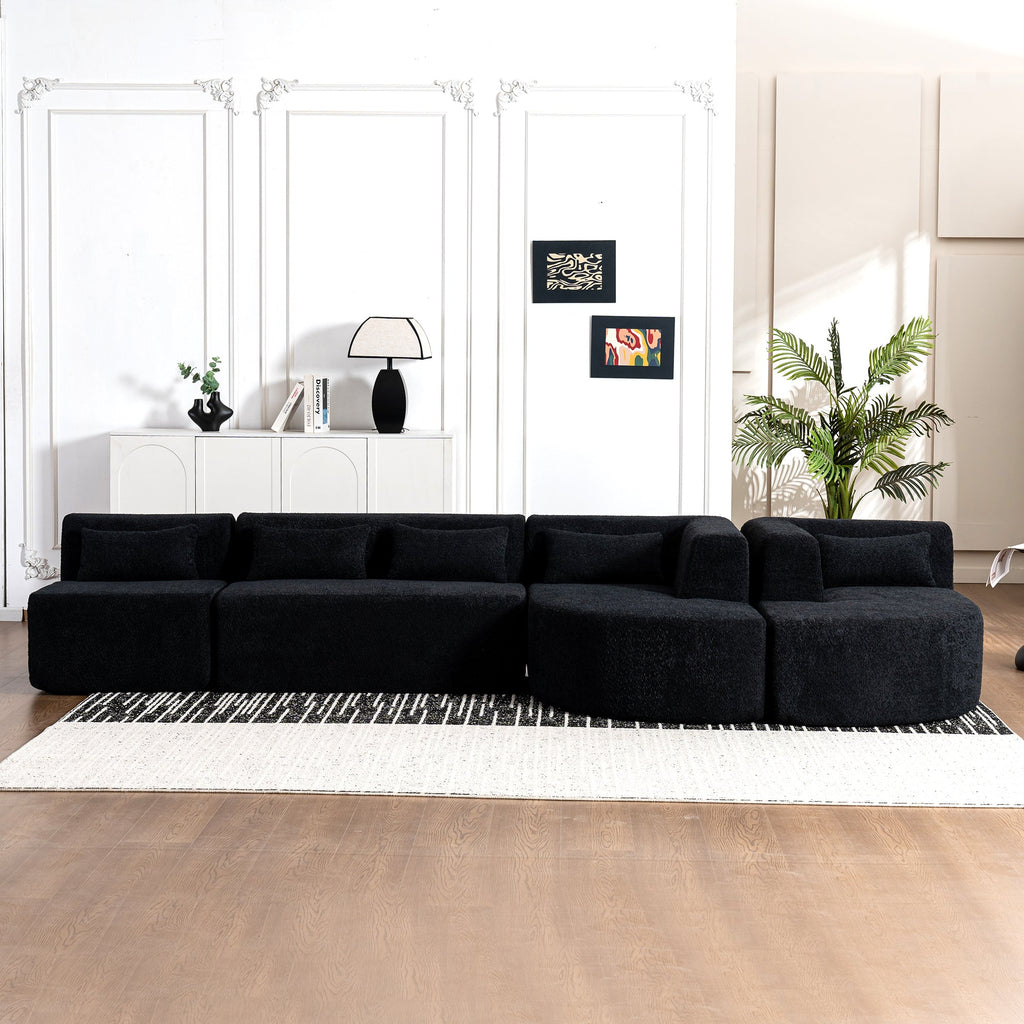 144' Upholstered Sofa Free-combined Sofa Couch with Two Chaise Lounge and Five Back Pillows for Living Room(Old SKU: N719S001600B), Black