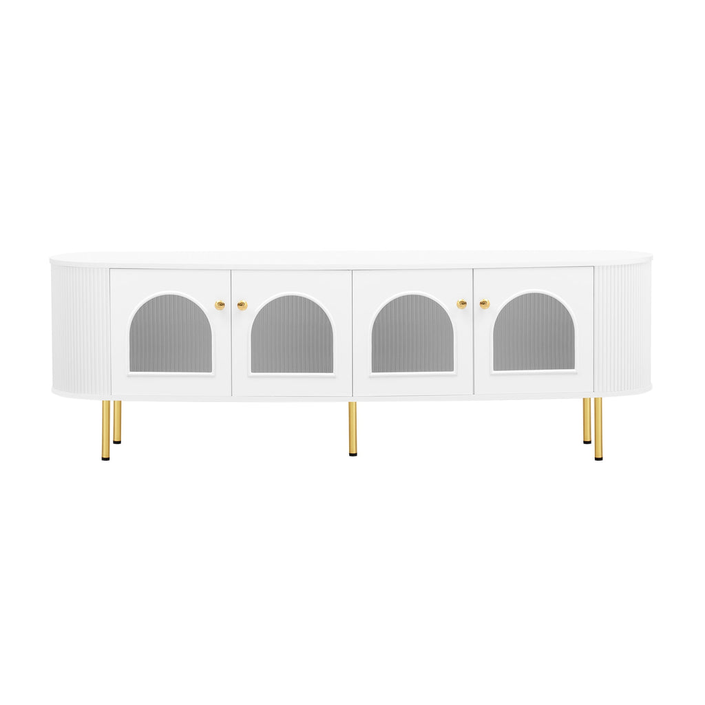 U-Can Modern TV Stand for TVs up to 80 Inches, Entertainment Center with 4 Cabinets, Wood Media Console with Metal Legs and Handles for Living room, White