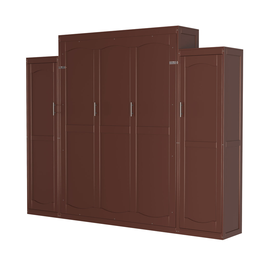 Queen Size Murphy Bed, Wooden Queen Wall Bed with 2 Wardrobe and Storage Shelf, Multifunctional Foldable Platform Bedframe for Guest-Room, Bedroom, Walnut