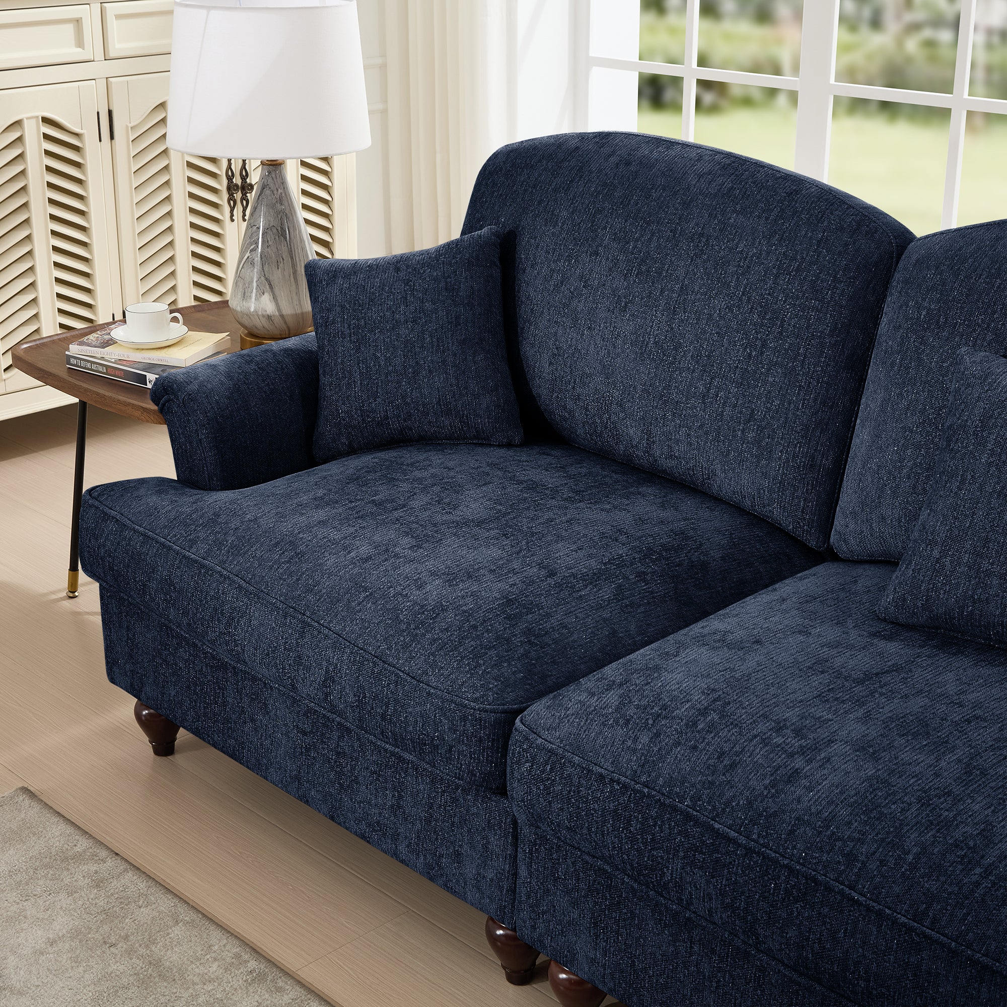 Classic U Shape 4 Seater Modular Sectional Sofa Couch with Flared Arms and Removable Ruffles Pleats Skirts and Spindle Legs, Chenille Deep Seat Cloud Sofa with Movable Ottomans, Blue