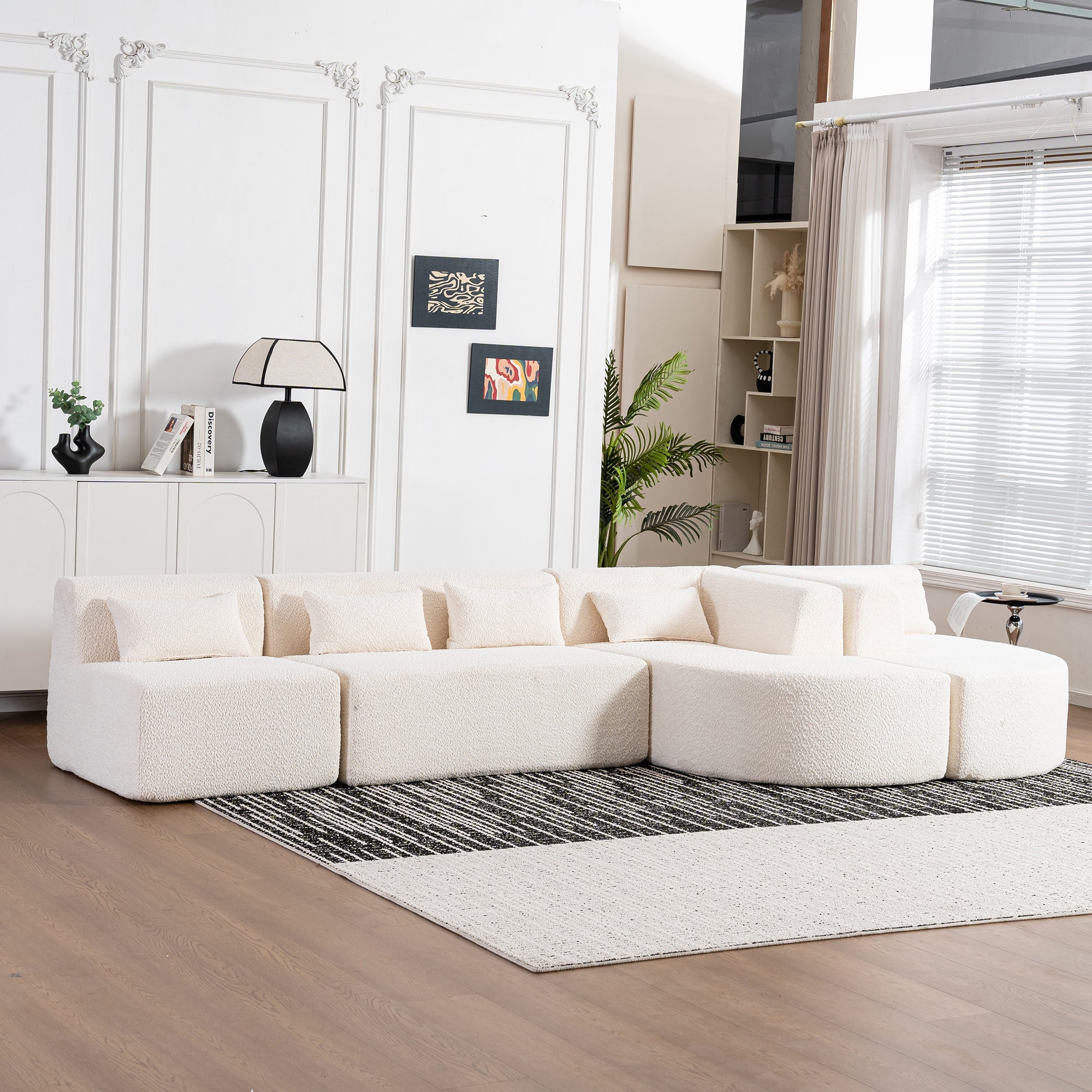144' Upholstered Sofa Free-combined Sofa Couch with Two Chaise Lounge and Five Back Pillows for Living Room(Old SKU: N719S001600A), Beige