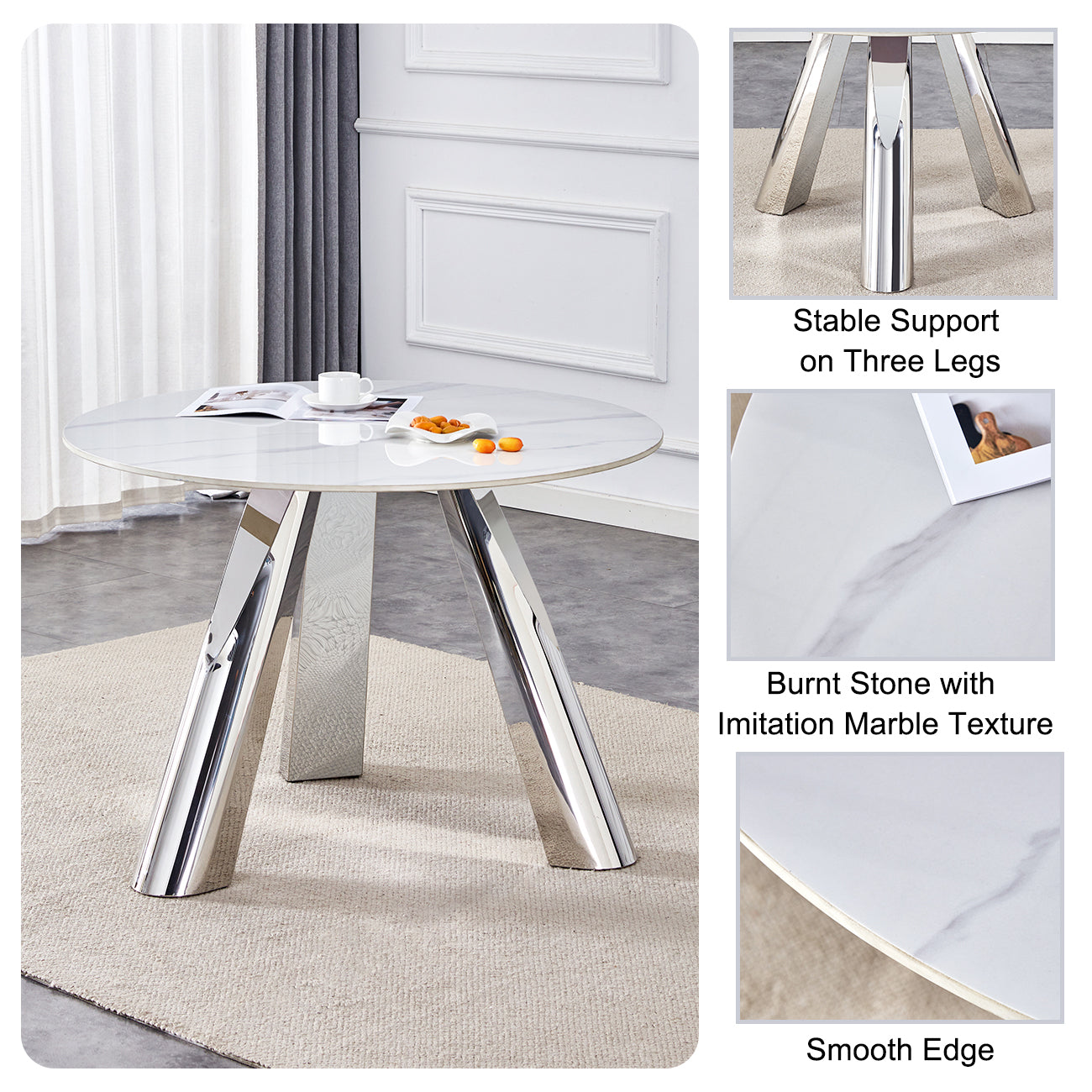 42' Luxury Sintered Stone Table: 0.45' Durable Top + 6' Steel Legs, 350lb Capacity, Stain/Heat-Resistant White/Gray Veined Surface - Modern Minimalist Design
