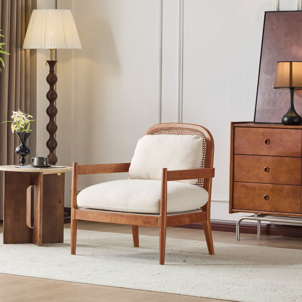 [Set of 2] 26.6' Mid-Century Modern Accent Chair with Light Brown Finish Solid Wood Frame and Rattan Backrest, Beige Cushion, Comfy Armchairs for Living Room, Bedroom, Reading Nook