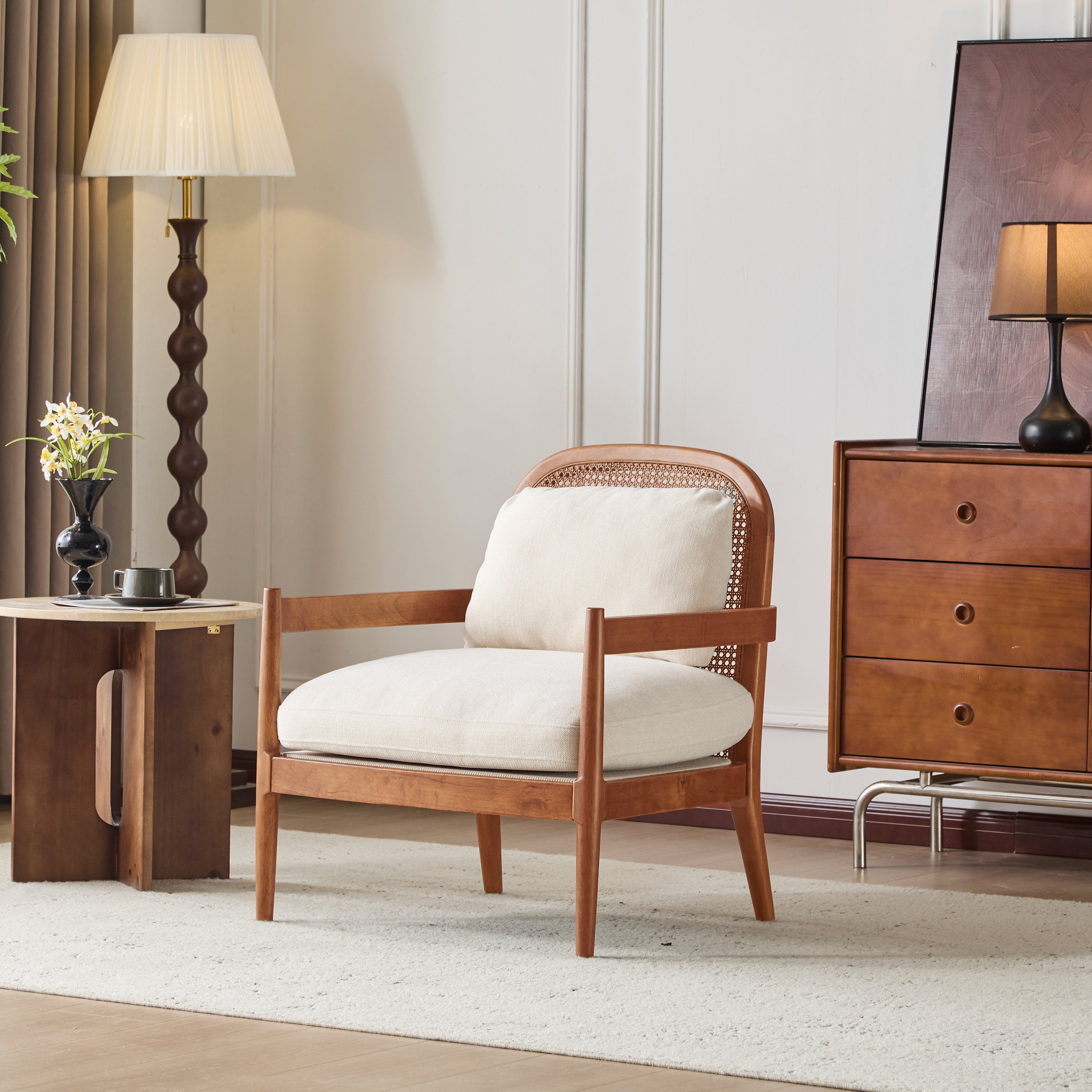 [Set of 2] 26.6' Mid-Century Modern Accent Chair with Light Brown Finish Solid Wood Frame and Rattan Backrest, Beige Cushion, Comfy Armchairs for Living Room, Bedroom, Reading Nook