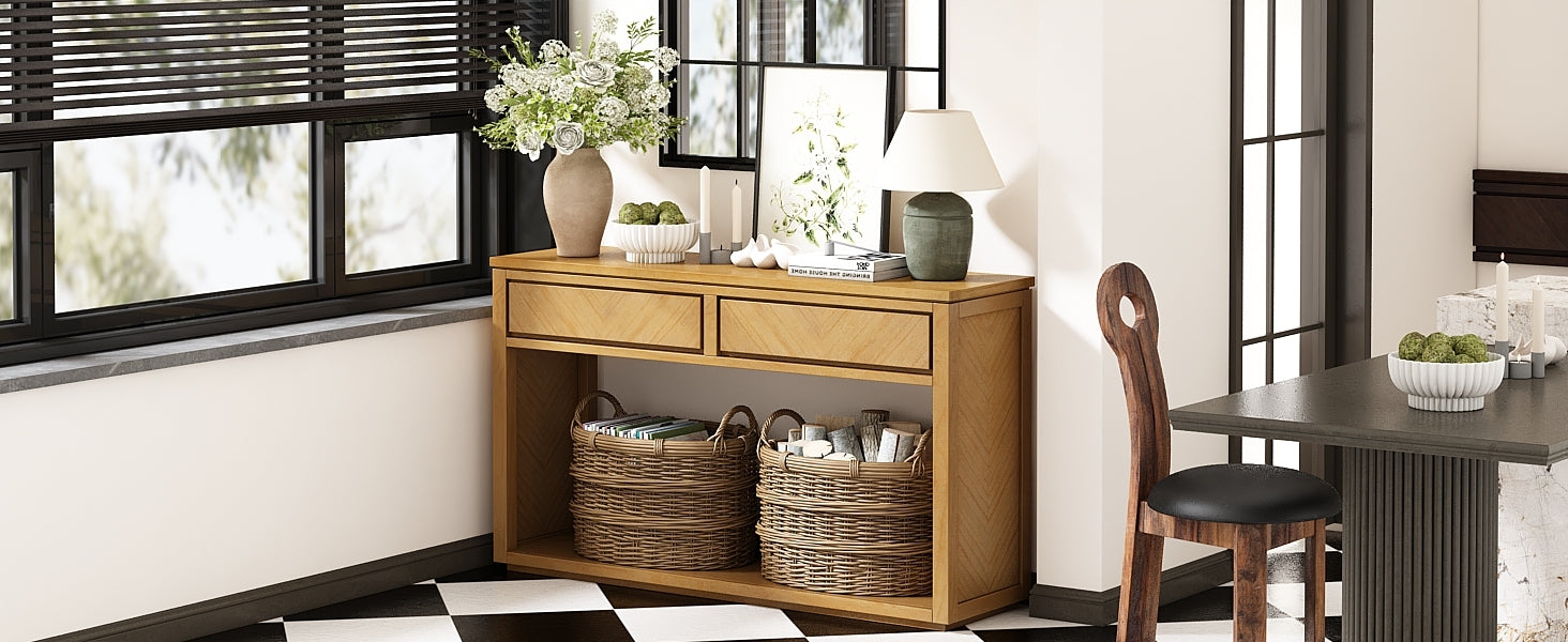 TREXM 55' Console Table, Rustic Wooden Entryway Table with Storage Drawers and Open Shelf, Elegant Sofa Table for Hallway and Living Room (Natural)