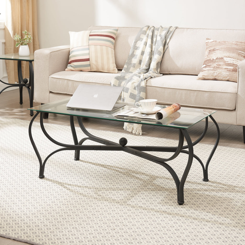Tempered Glass Surface 3-Piece Coffee Table Set Decor Rectangle Coffee Table with 2 Square End Side Table Unique Design Coffee Table with Sturdy Construction for Living Room (Rustic Black)