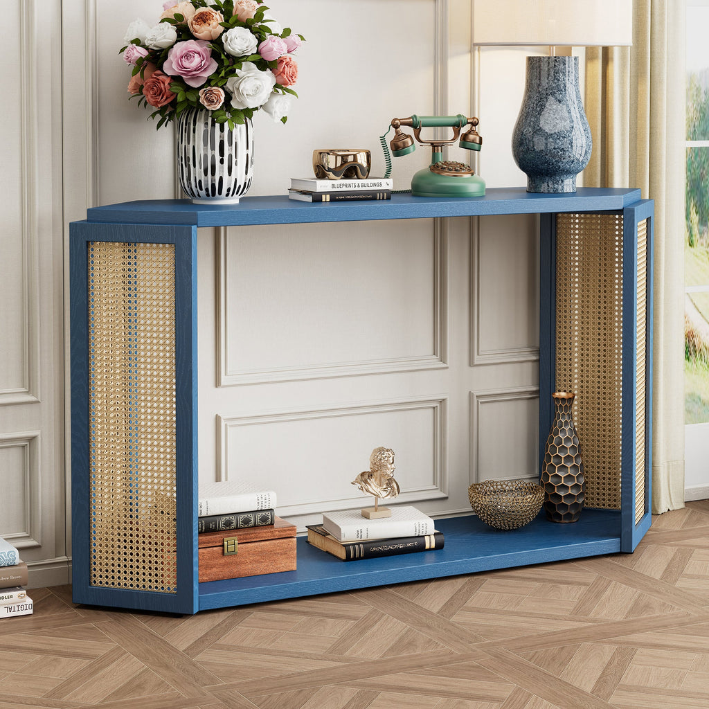 TREXM Narrow Console Table with Unique Irregular Top Design, Entryway Table with Open Shelf, Rattan Sofa Table for Living Room Hallway and Entrance (Antique Blue)