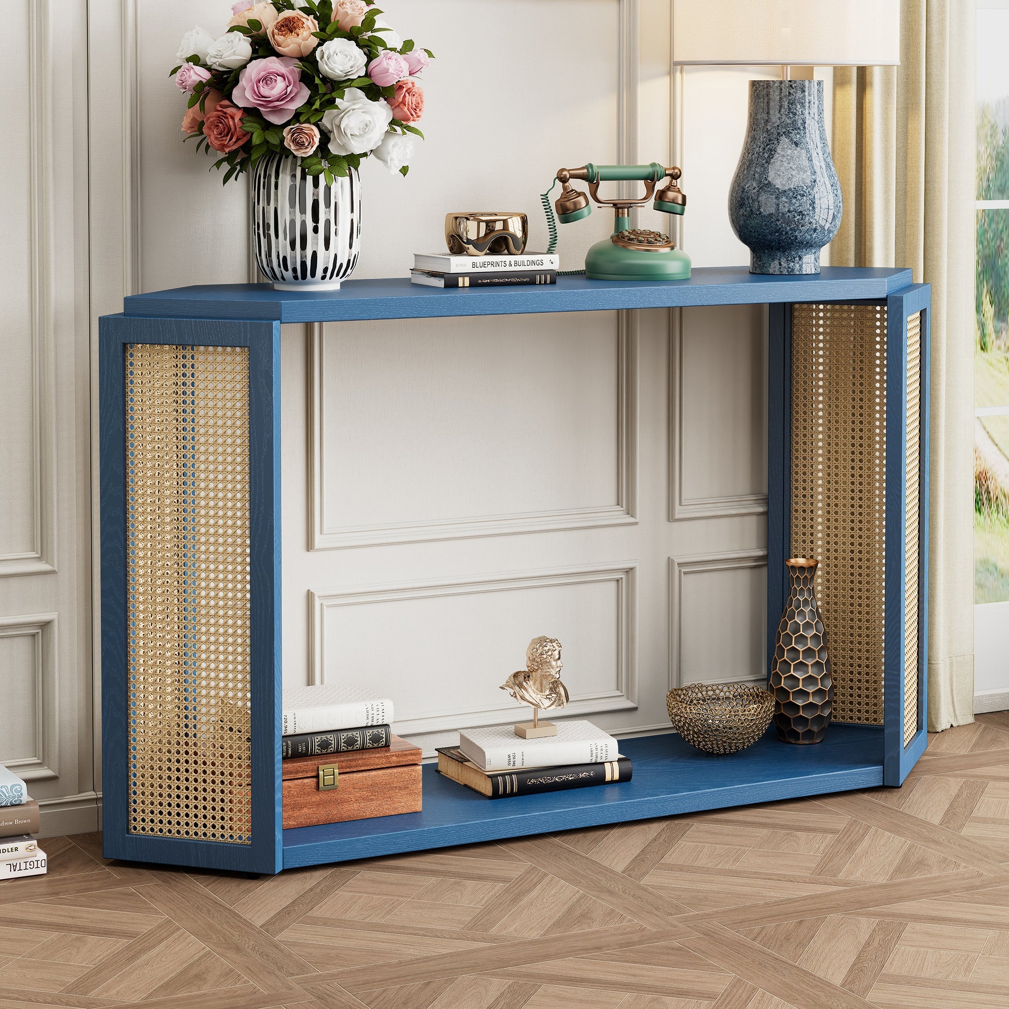 TREXM Narrow Console Table with Unique Irregular Top Design, Entryway Table with Open Shelf, Rattan Sofa Table for Living Room Hallway and Entrance (Antique Blue)