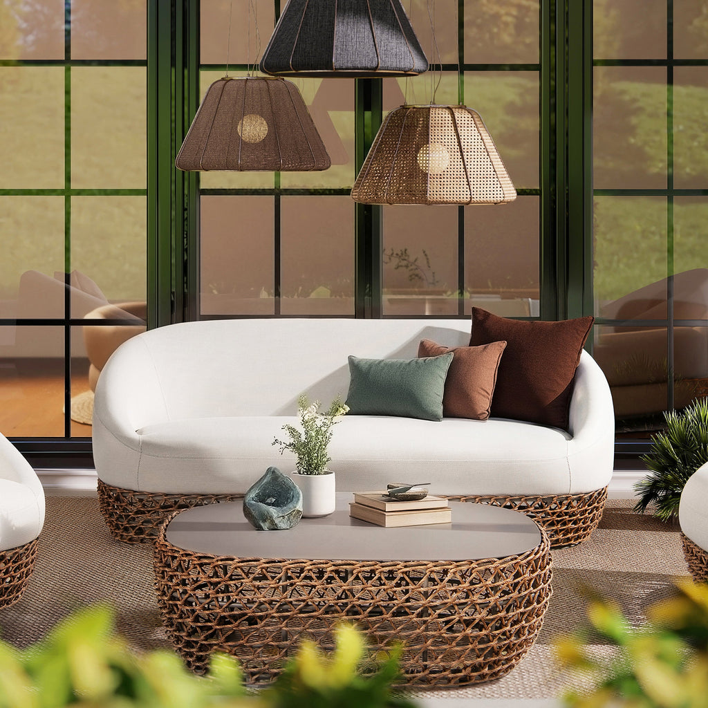 Willow 40.5' Oval Woven Patio Coffee Table, Golden Brown Wicker Frame, Wheat Beige