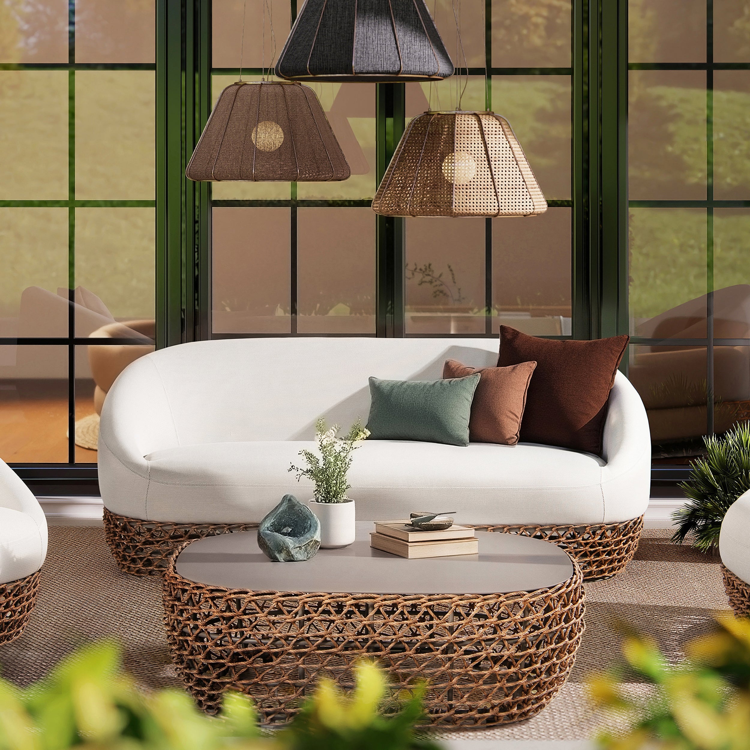 Willow 40.5' Oval Woven Patio Coffee Table, Golden Brown Wicker Frame, Wheat Beige