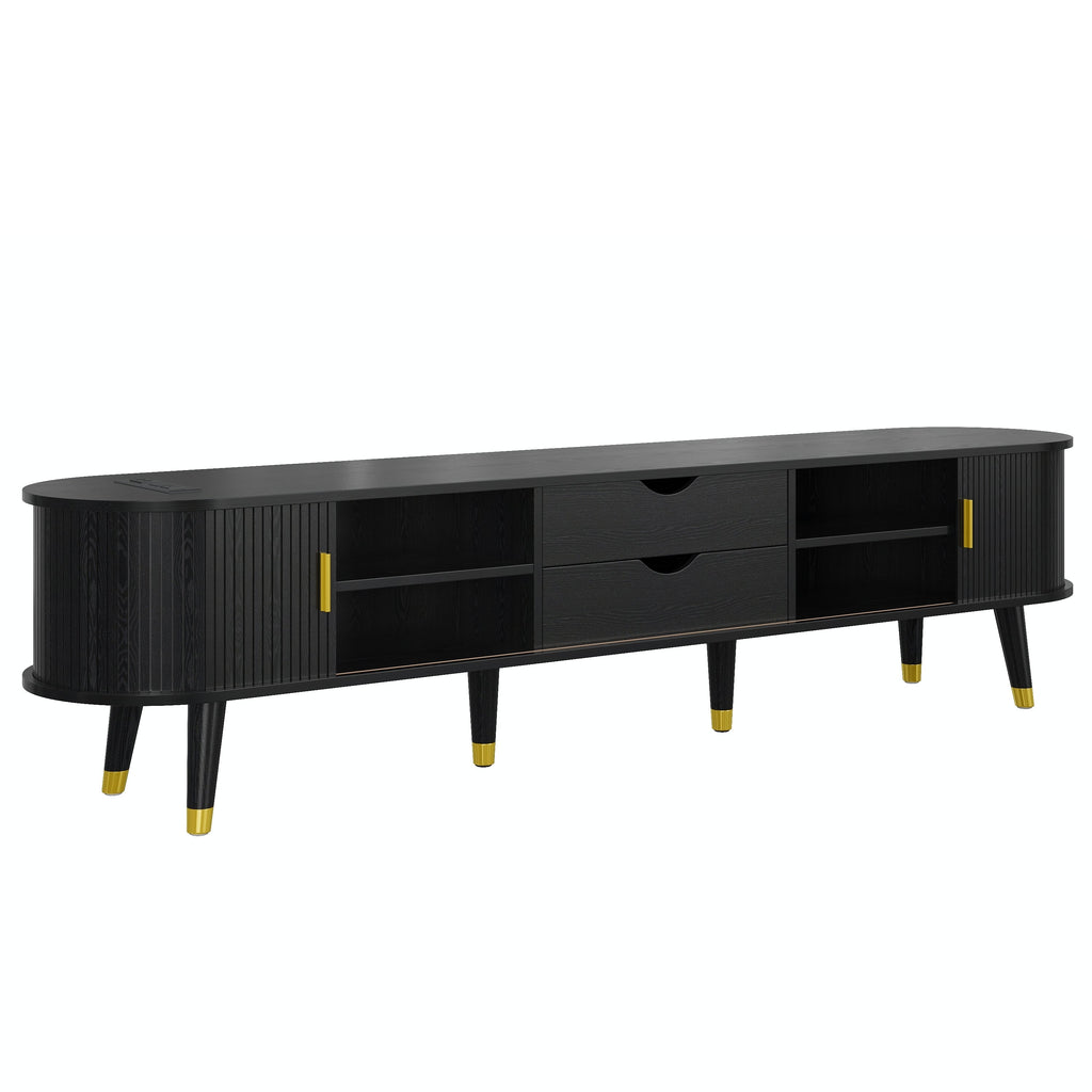 Wooden Oval Fluted TV Stand with Charging Station for TV up to 80', Mid-Century Media Console with Sliding Tambour Door, Farmhouse TV Cabinet with Golden Handle for Living Room, Black