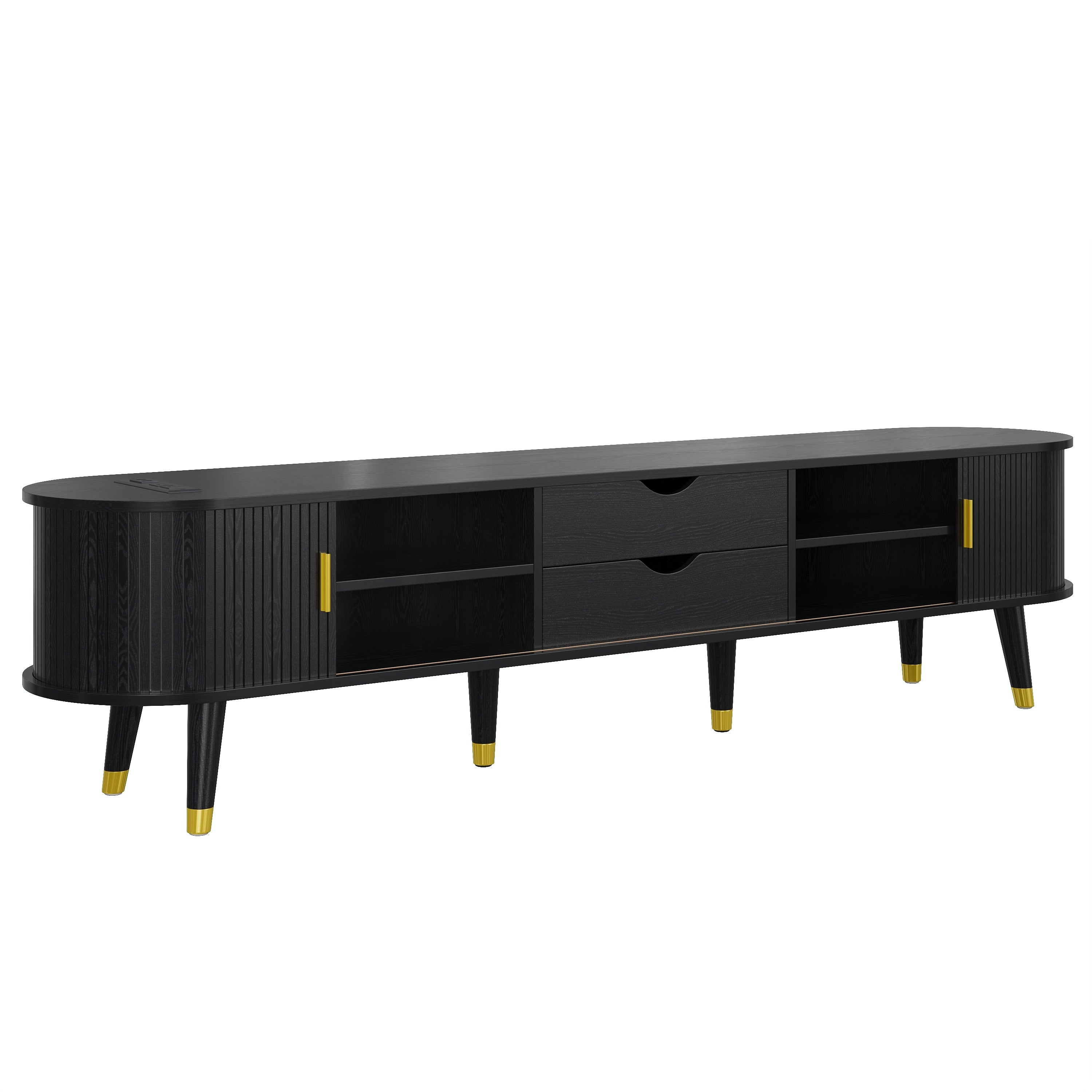 Wooden Farmhouse TV Stand & Coffee Table Set with Charging Station, Oval Fluted Media Console with Sliding Doors for TVs up to 80', Mid-Century Center Table with Solid Wood Legs for Living Room,Black