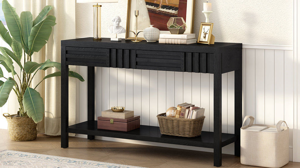 U_STYLE Modern Ash Veneer Console Table, Classic Striped Design, with 2 Drawers & Open Shelf, Perfect for Living Room, Hallway, Entryway, Study Room