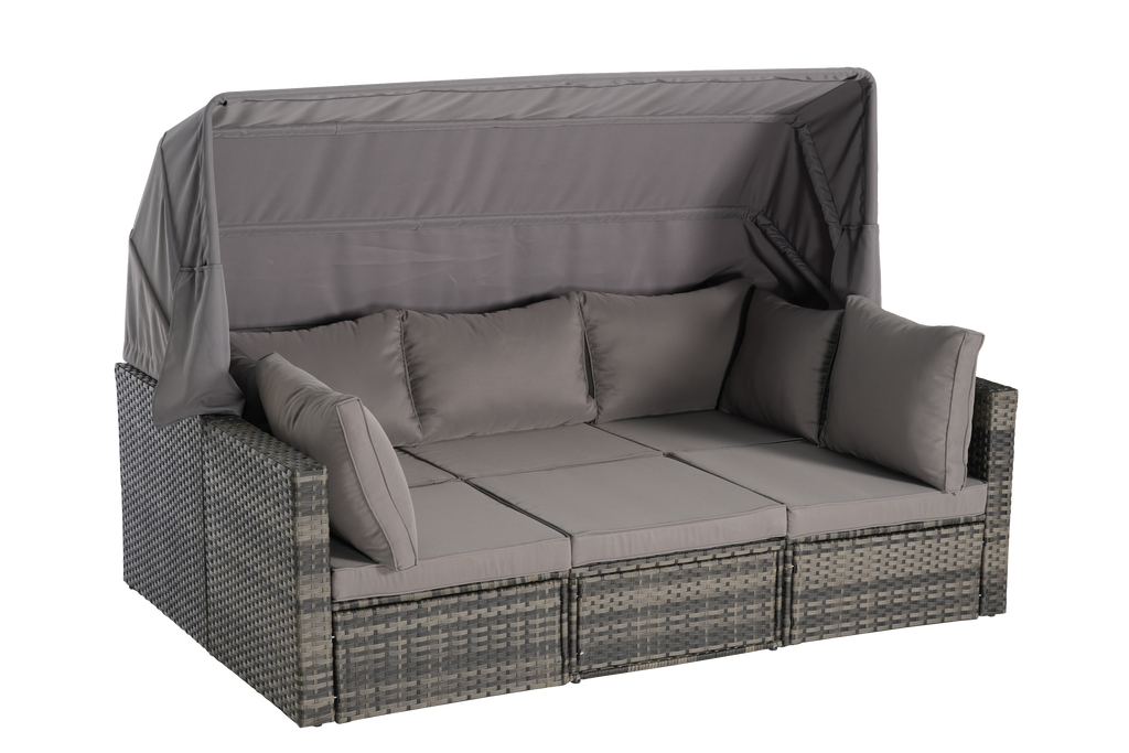 5 Pieces Outdoor Patio Wicker Daybed Furniture Set with Retractable Canopy, Storable Side Table, and Soft Cushions for Relaxing in Your Backyard or Porch