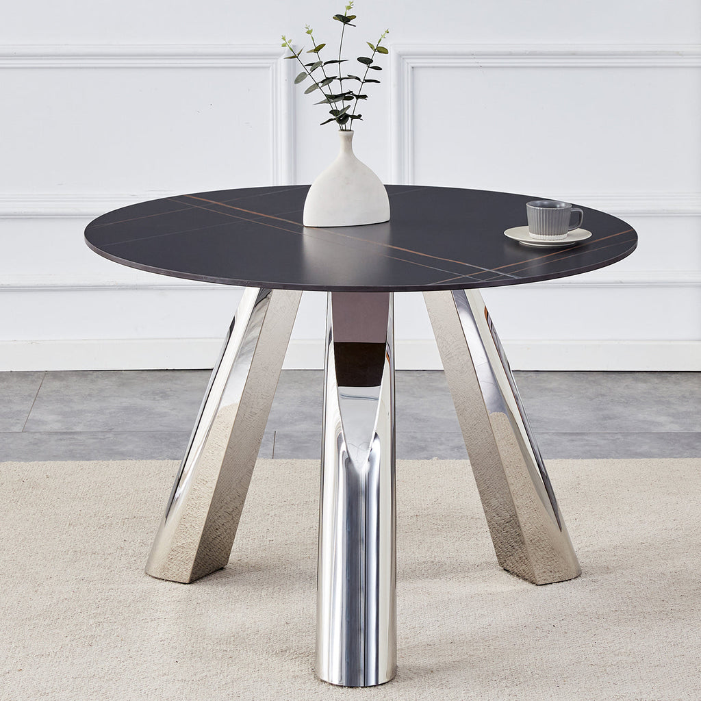 42' Luxury Sintered Stone Table: 0.45' Durable Top + 6' Steel Legs,350lb Capacity, Stain/Heat-Resistant Black Veined Surface - Modern Minimalist DesignW1512S00111