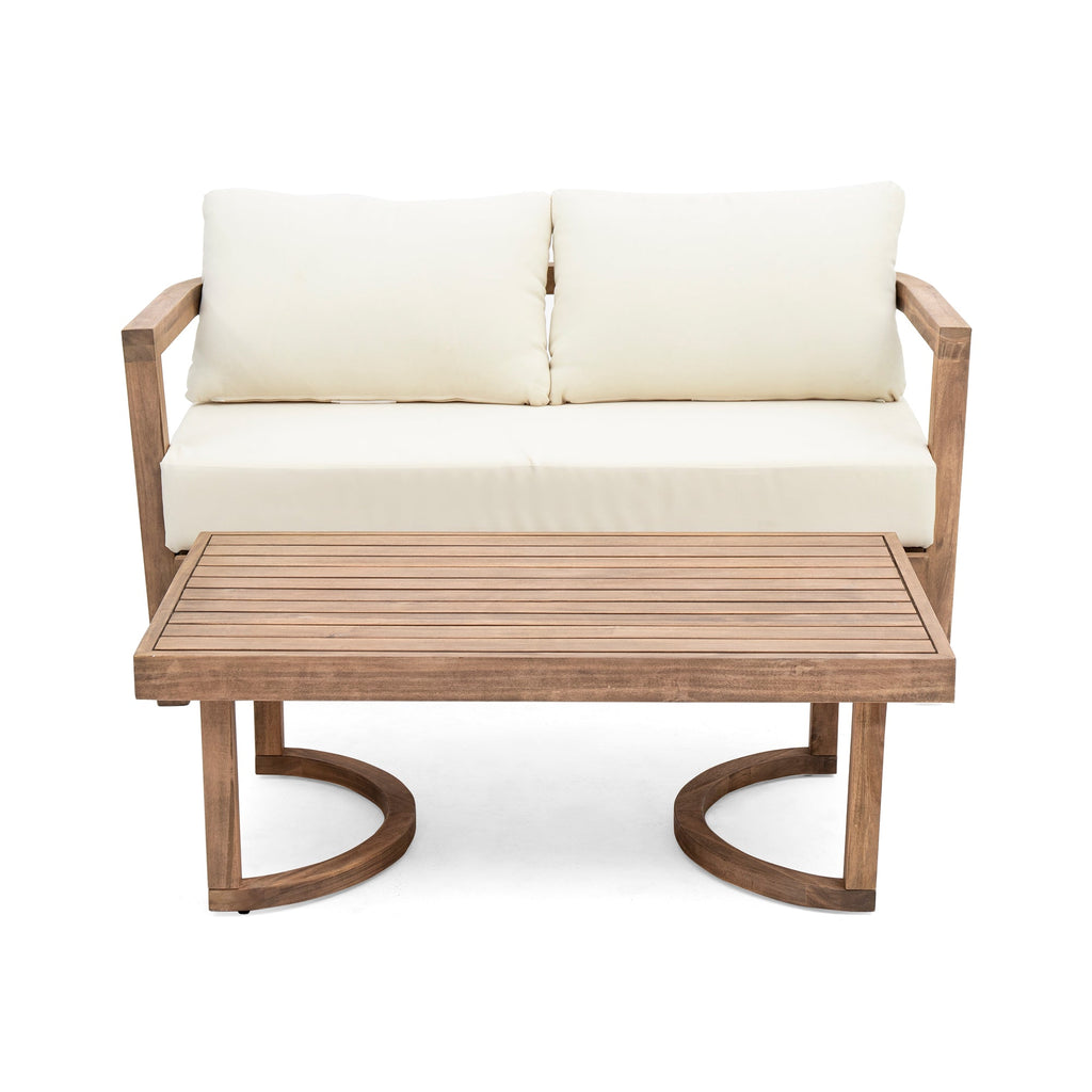 5-Pieces Acacia Wood Patio Furniture Set, Outdoor Furniture with Coffee Table, Patio Conversation Set Deep Seating with Soft Cushion, Porch Chairs for Garden, Backyard Porch Balcony, Brown wash, Beige