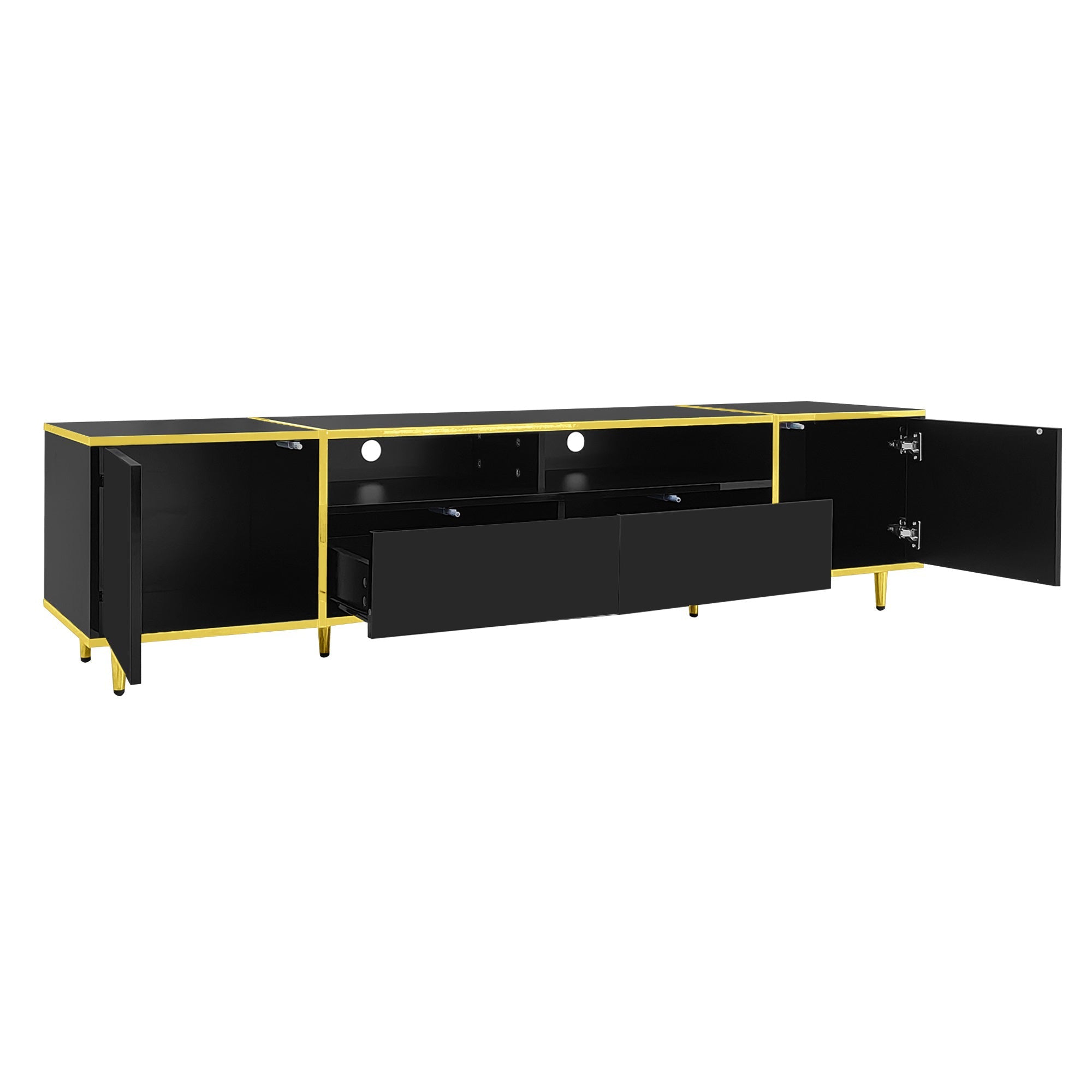 U-Can 70.9'' Modern TV Stand for TVs up to 80 Inches, Entertainment Center with 2 Shelves and  LED Lights, TV Storage Cabinet with 2 Drawers, 2 Cabinets and Metal Legs for Living room