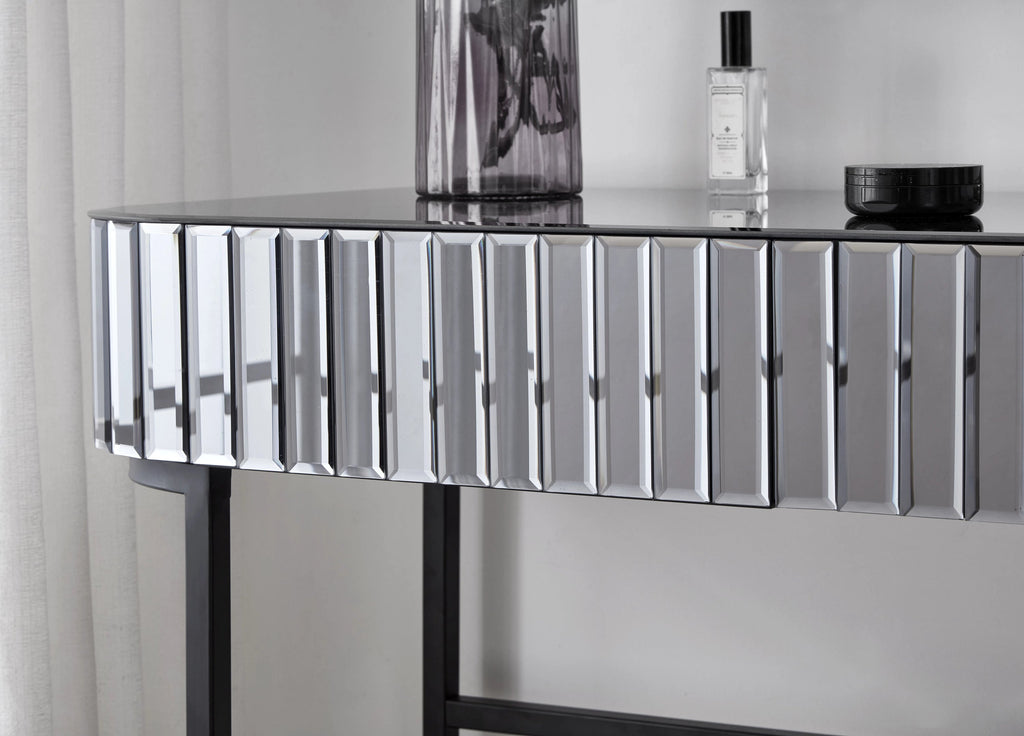 39' Mirrored Makeup Vanity Table with Stainless Steel Base, Mirrored Console Dressing Table with 2 Drawers,Versatile Desk for Bedroom and Office, Gray
