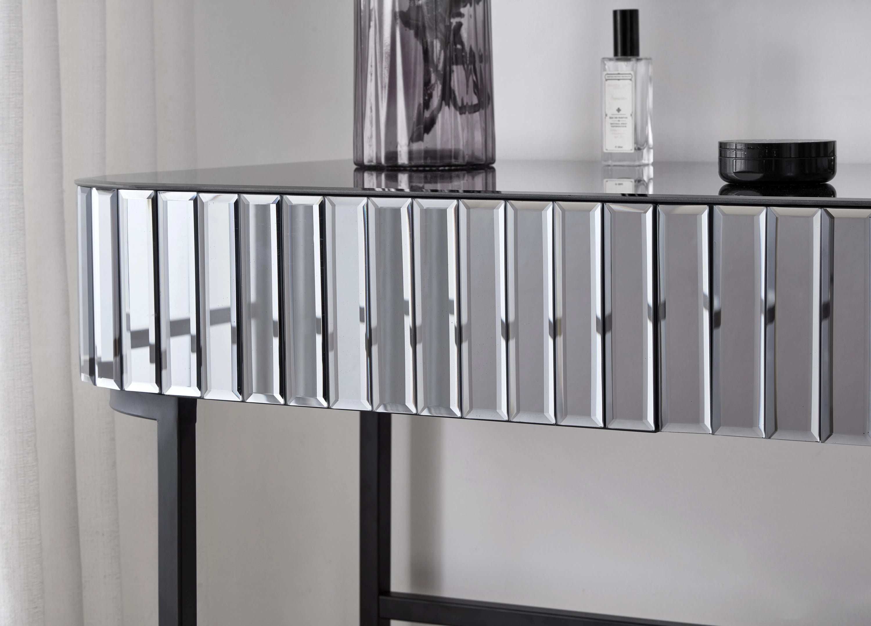 39' Mirrored Makeup Vanity Table with Stainless Steel Base, Mirrored Console Dressing Table with 2 Drawers,Versatile Desk for Bedroom and Office, Gray
