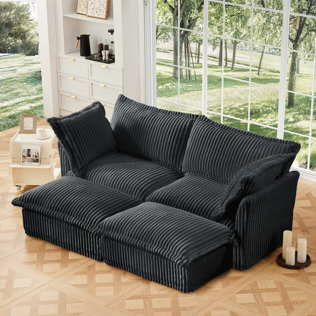 Slipcovered Sofa 2 Seater Sofa    With 2 Ottomans, 2 Seater Sleeper Sofa Bed Home Theater Oversized Sofa For Living Room, Corduroy, Gray
