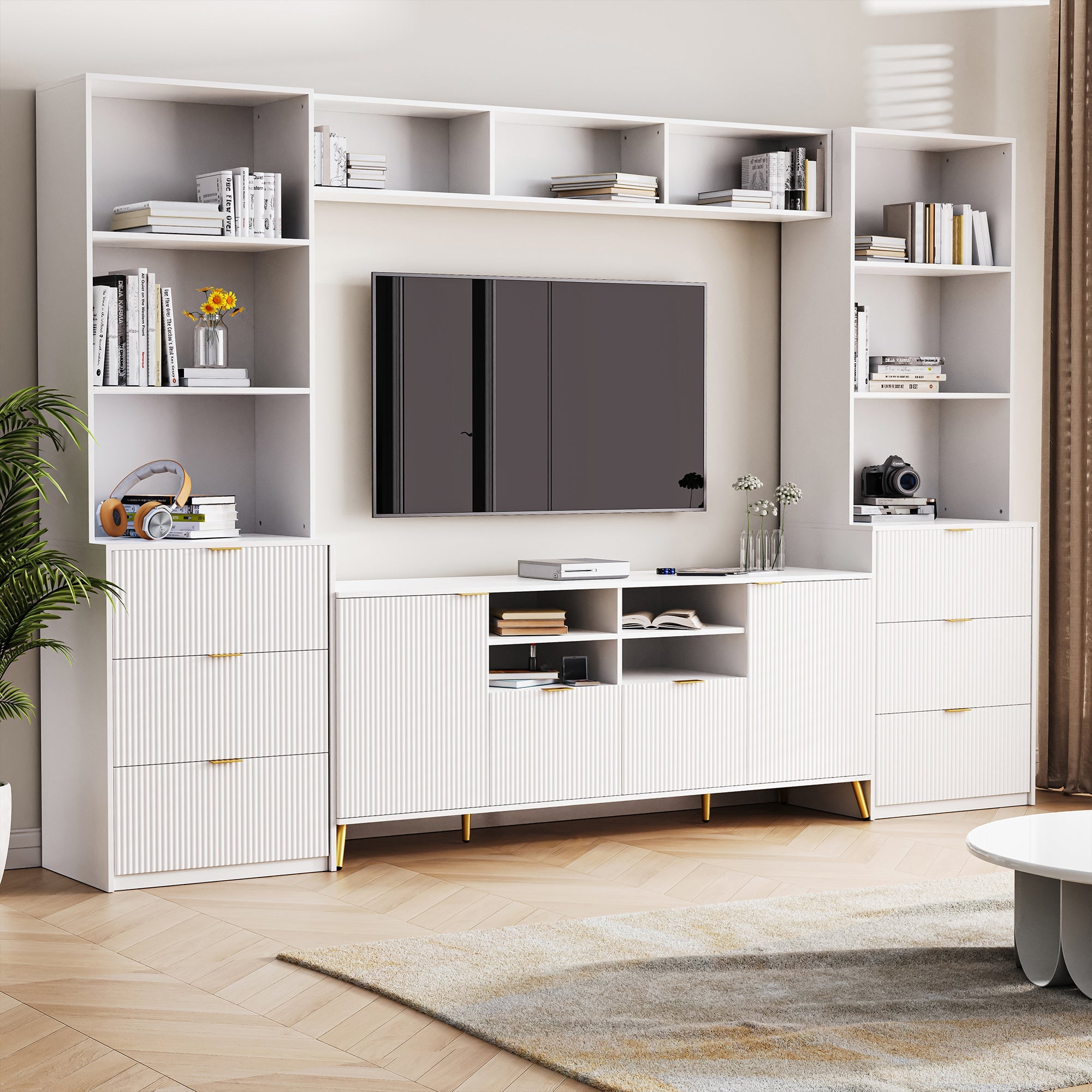 U-Can 4-Piece Entertainment Wall Unit with 13 shelves,8 Drawers and 2 Cabinets, Multifunctional TV Stand Media Storage Cabinet with Fluted Line Surface for Living Room, for TVs Up to 70'