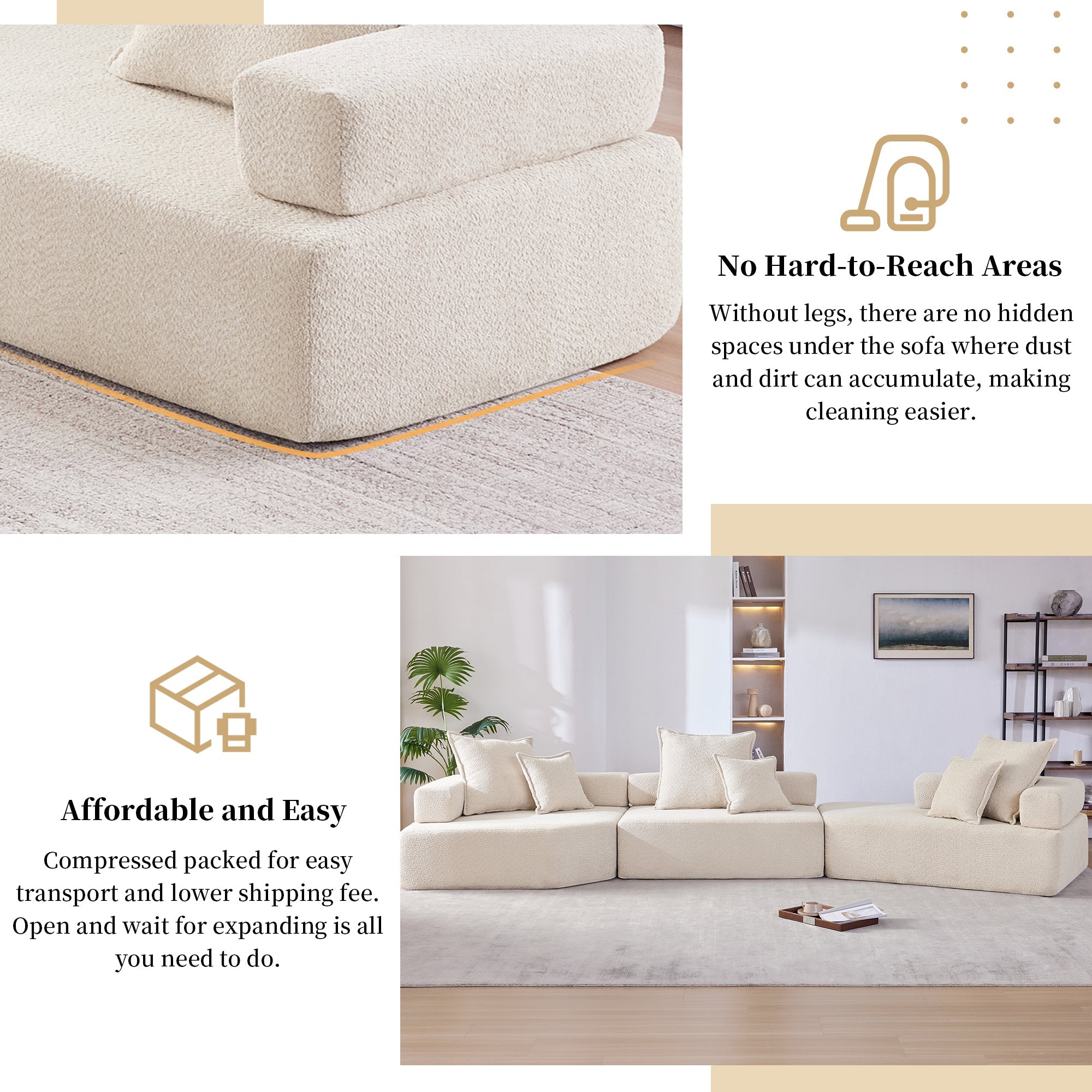 Oversized Modular Sectional Sofa,Luxury Boucle Floor Couch Set,Convertible Compressed Couch,Spacious Foam-Filled Sofa for Living Room,3 PC Free Combination,2 Colors