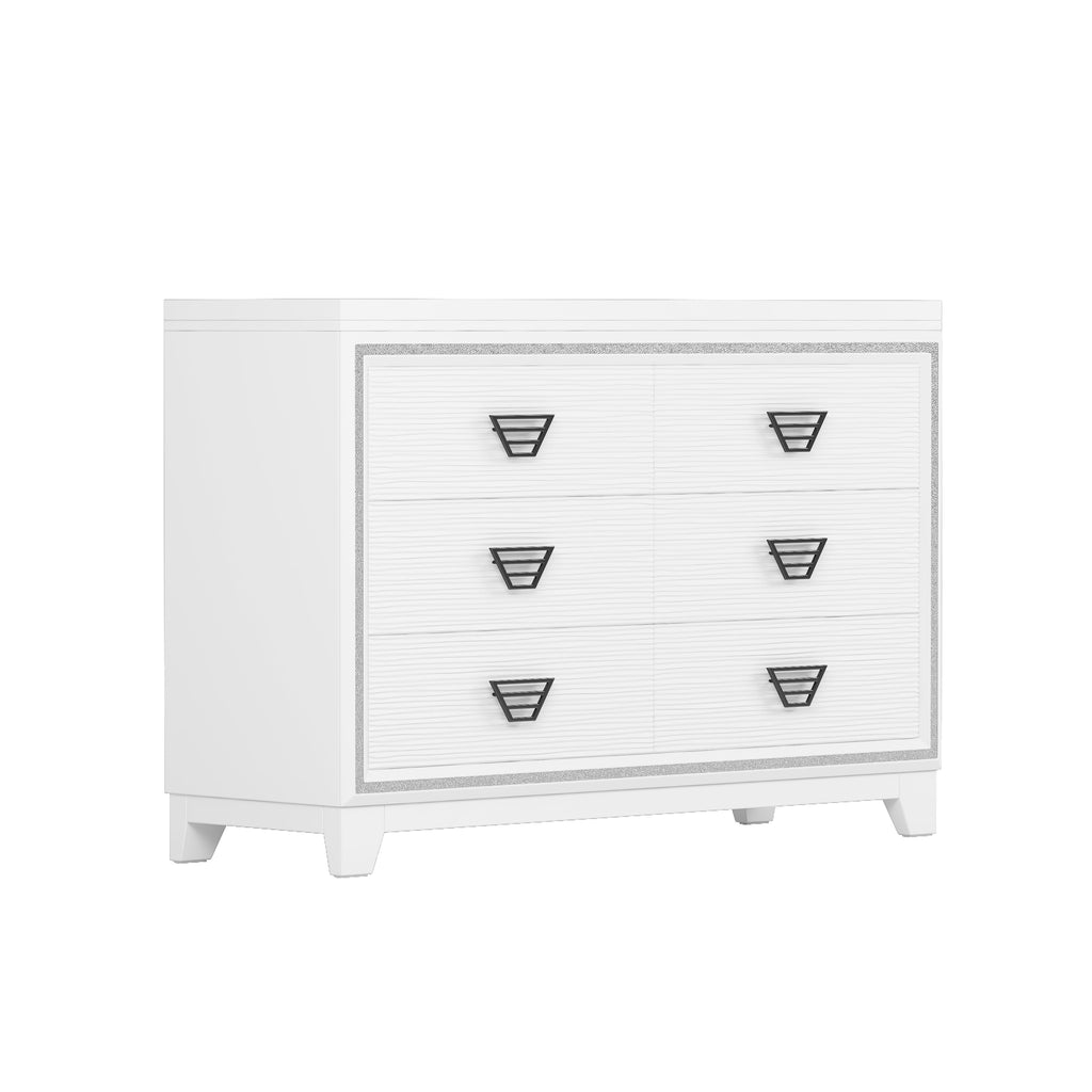 Elegant Dresser with Metal Handle and Sparkling Shiny Decoration, Storage Cabinet with 6 Drawers for Bedroom, Living Room, White