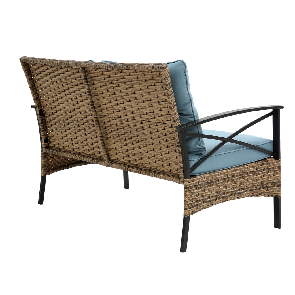 Patio 4 piece sectional low dining conversation sofa set- KD rattan wicker outdoor garden furniture corner sofa set with cushion.