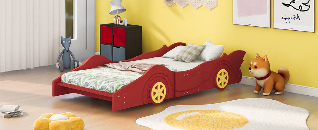 Twin Size Race Car-Shaped Platform Bed with Wheels,Red