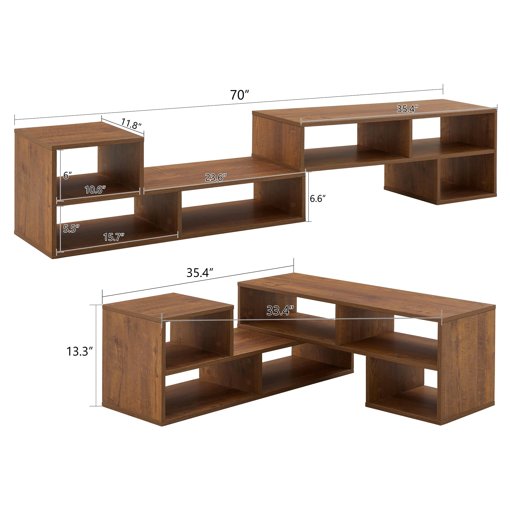 Modern 2-Piece Cube TV Stand with Open Storage, L-Shaped Design, Walnut MDF, 47.2' x 12' x 13.4'
