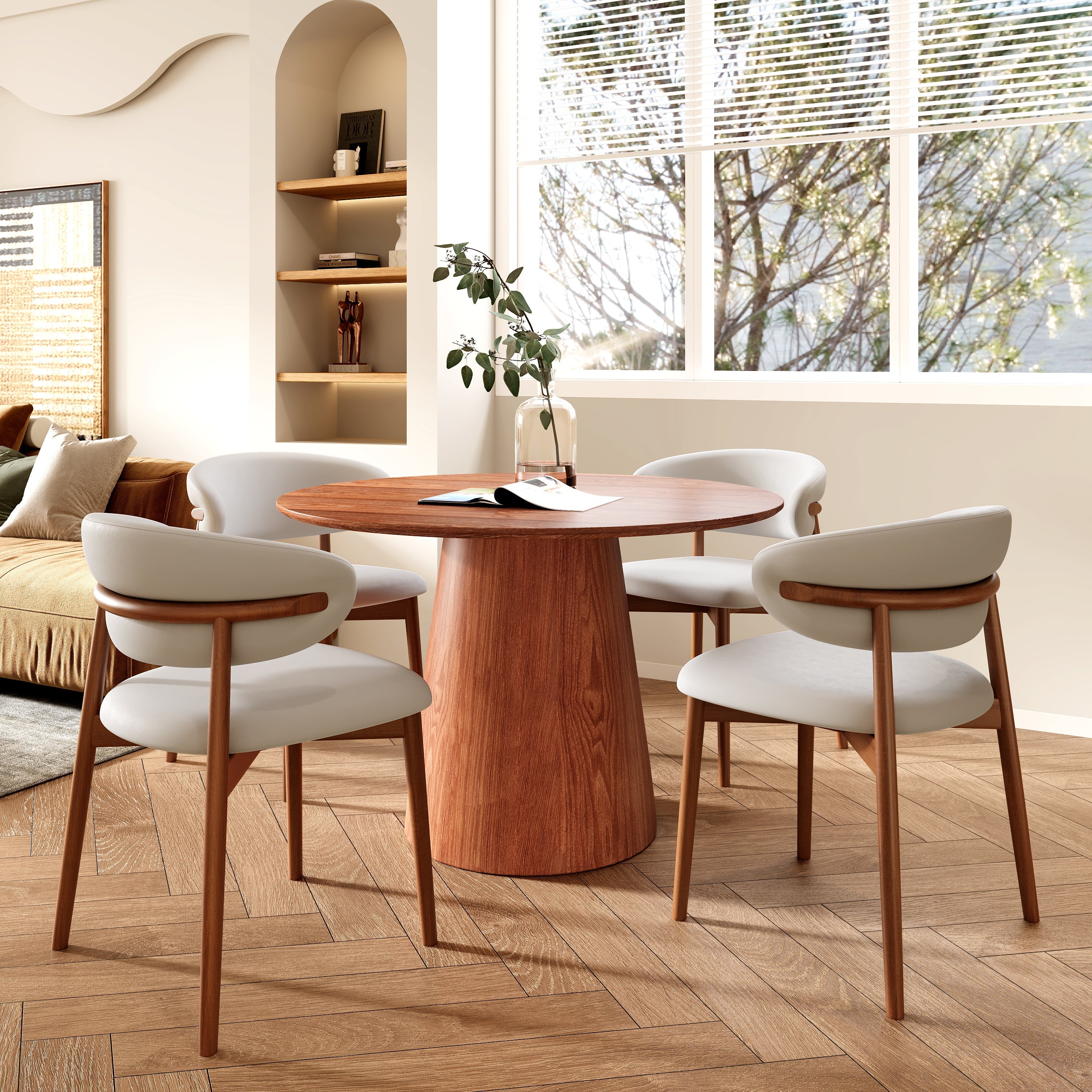 43' Round Walnut Color Solid Wood Small Dining Table with Solid Wood Tabletop For 2-4 People