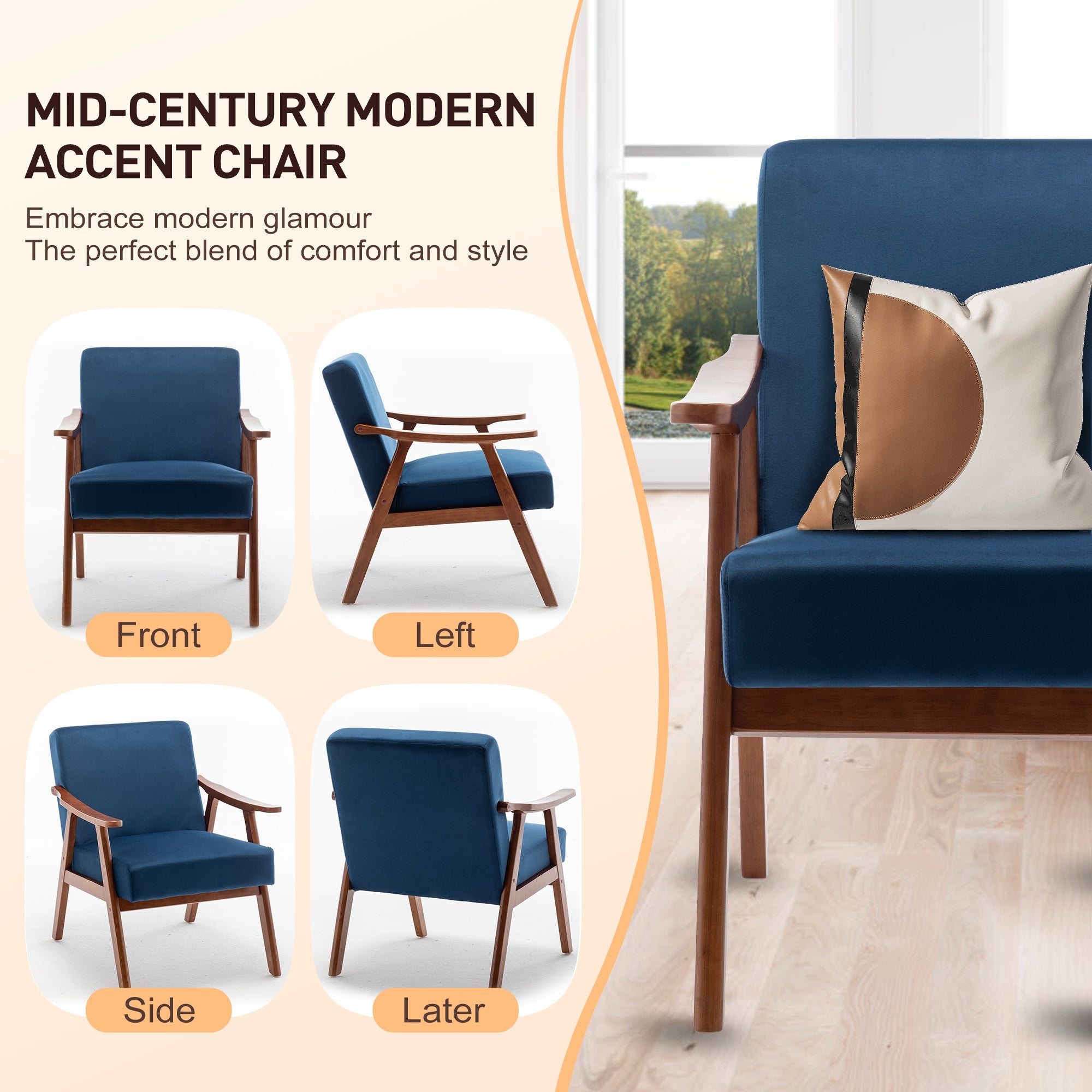 Mid-Century Modern Chair, Living Room Chair with Solid Wood Frame, Accent Chair Extra-Thick Backrest, Wingback Chair for Bedroom, Reading Room, Living Room, Lounge Chair Indoor