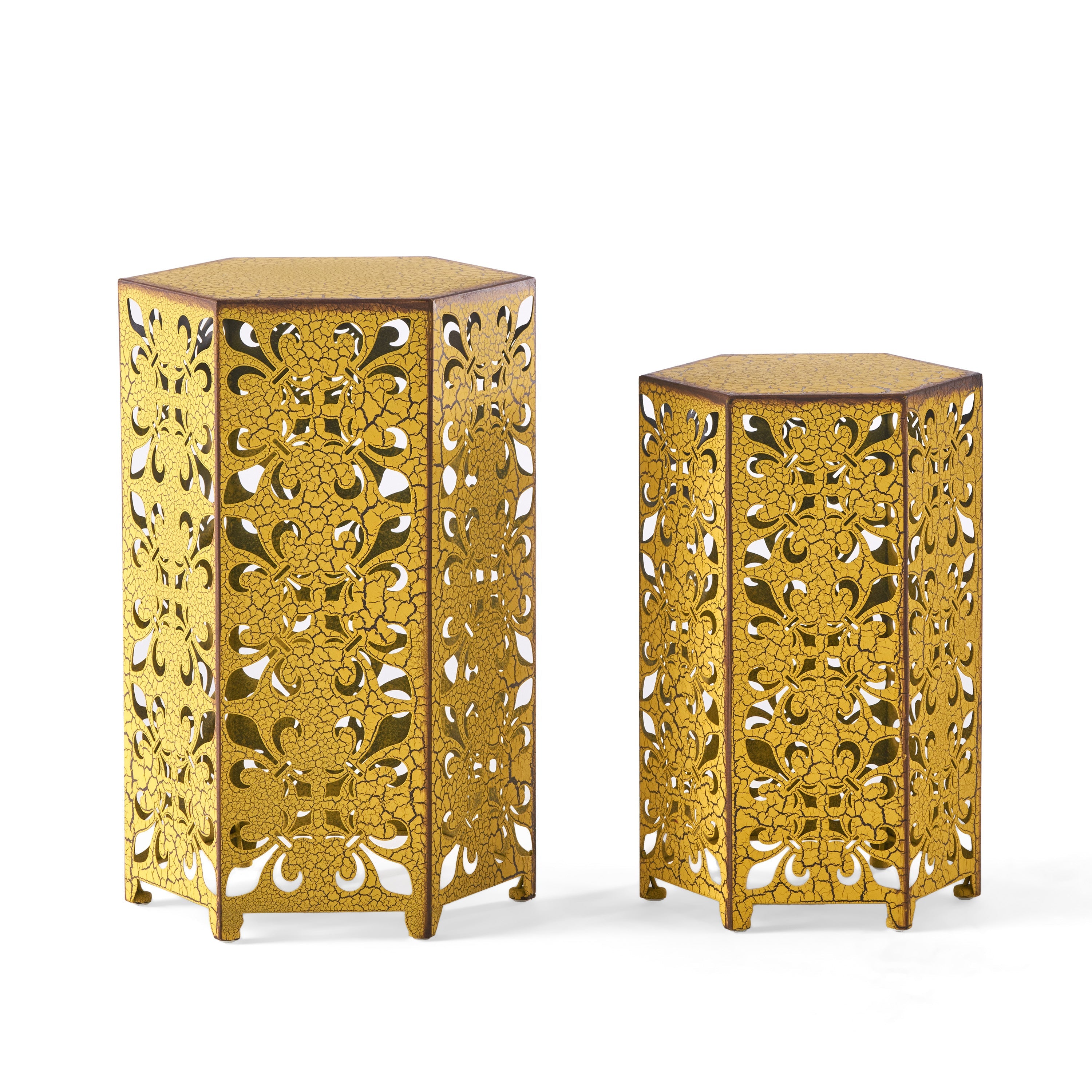 Outdoor Hexagonal Accent Table Set with Charming Fleur-de-lis Panel Sides, Antique Yellow