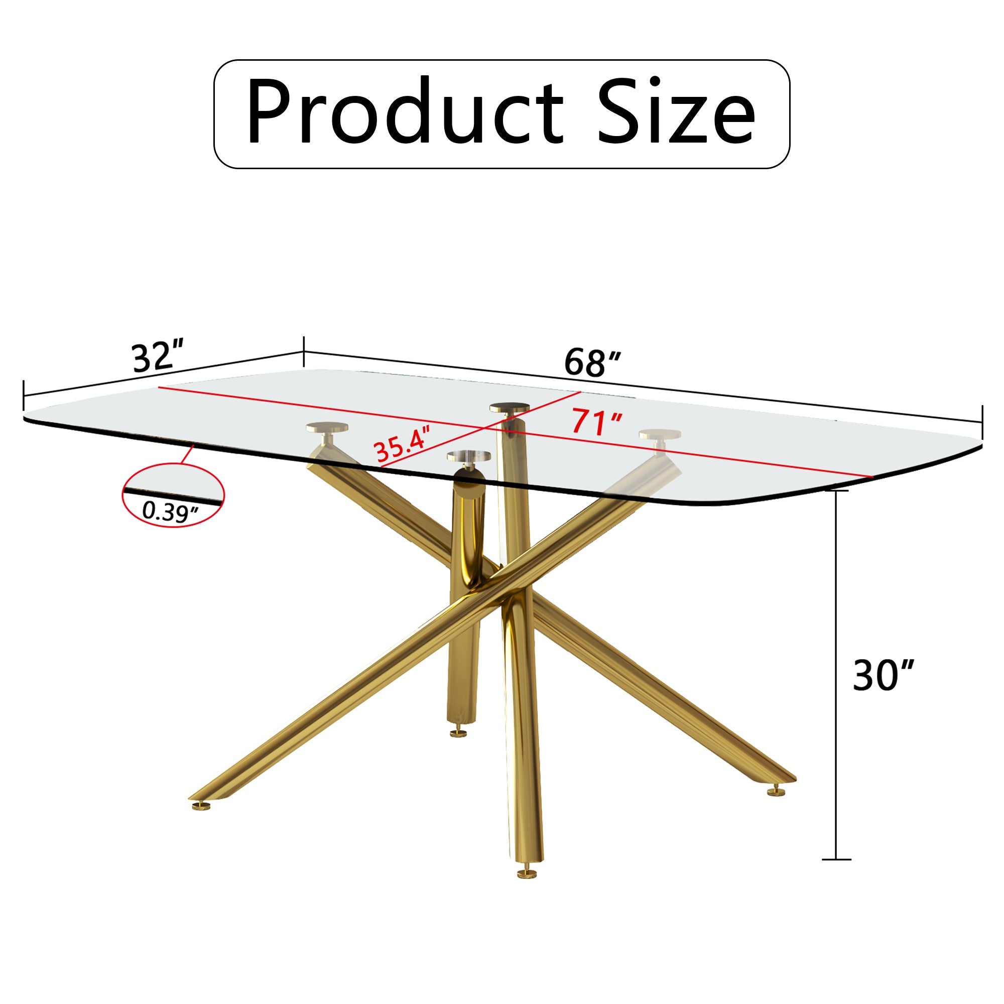 Large Modern Minimalist Rectangular Glass Dining Table with 0.39' Tempered Glass Top and Gilded Metal Legs for Kitchen, Dining Room, Living Room, Meeting Room, Ballroom 71' x 35.4' x 30'.