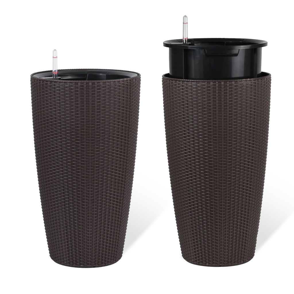 Faux Rattan Tall Planters Set of 2 with Water Level Monitor and Automatic Watering, Brown, 22 Inch